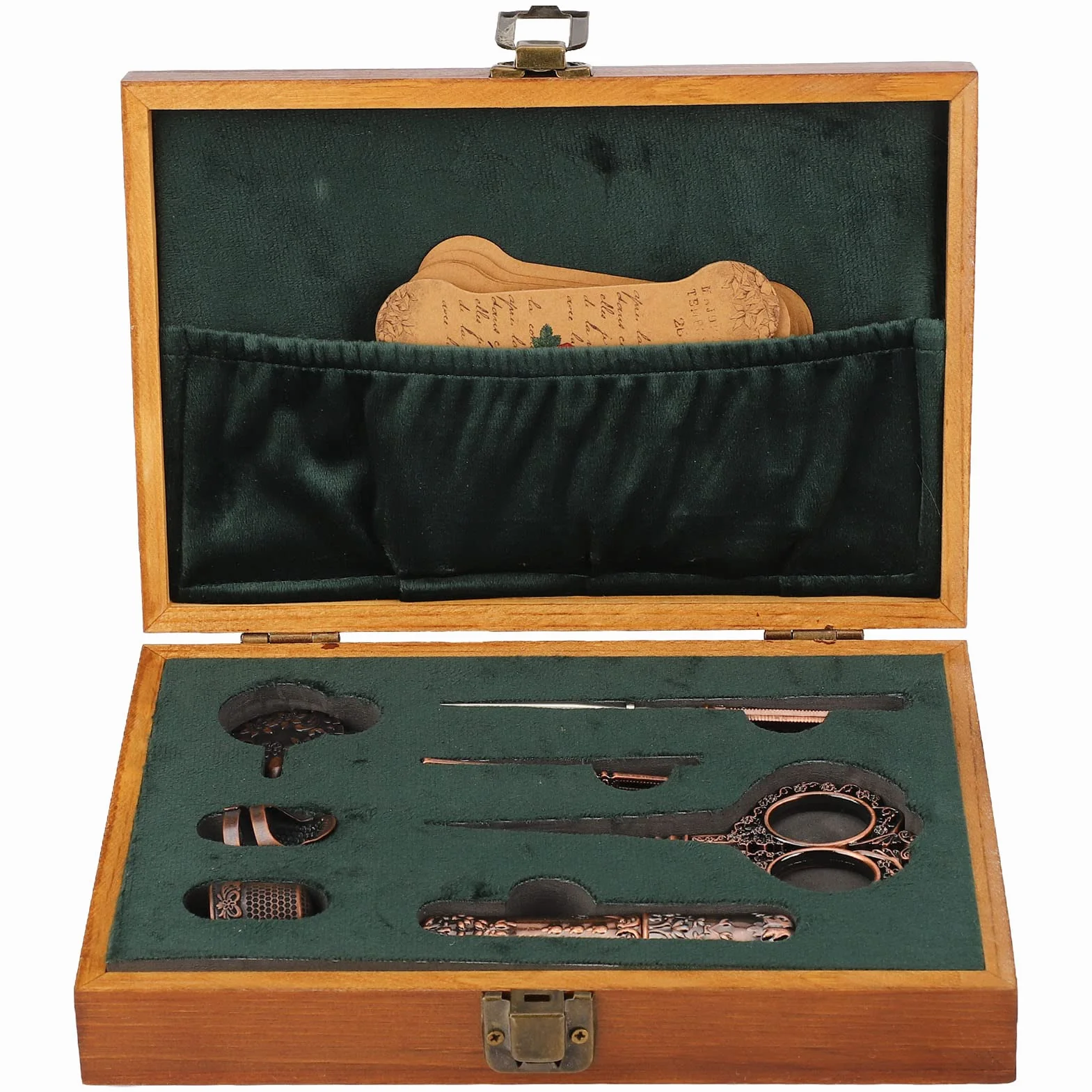 Juego de tijeras de bordado vintage, kit de tijeras de costura de acero inoxidable, caja de costura retro de madera con herramientas de bordado multifuncionales para coser, tejer y (Bronce)