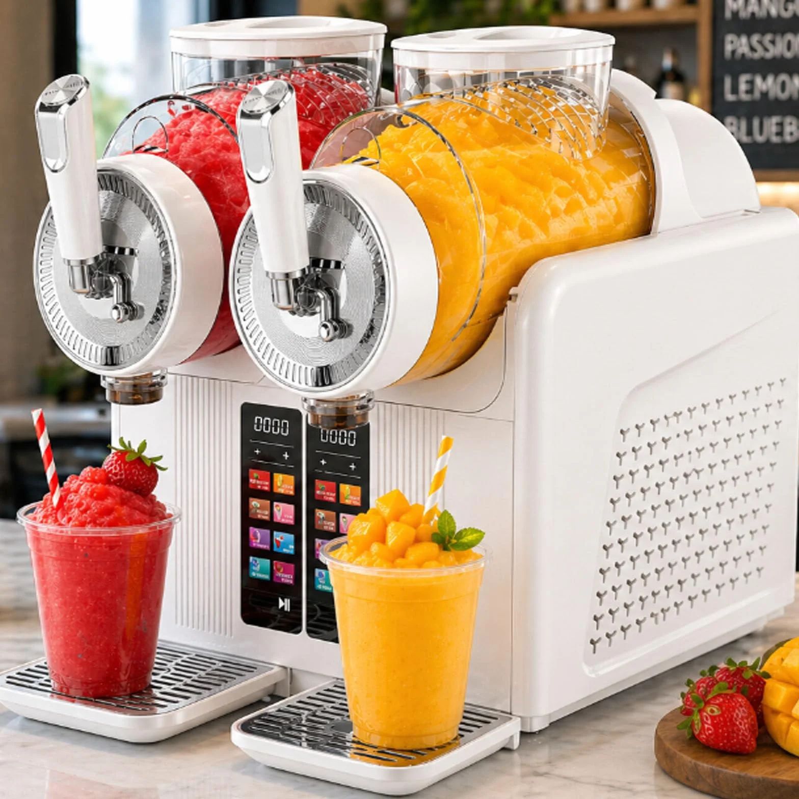 Máquina De Granizados De 430 W,7 En 1, Máquina De Helado Suave con Dos Depósitos De 2 litros, Limpieza Automática, Bloqueo Infantil, Dispensador De Bebidas Frías White