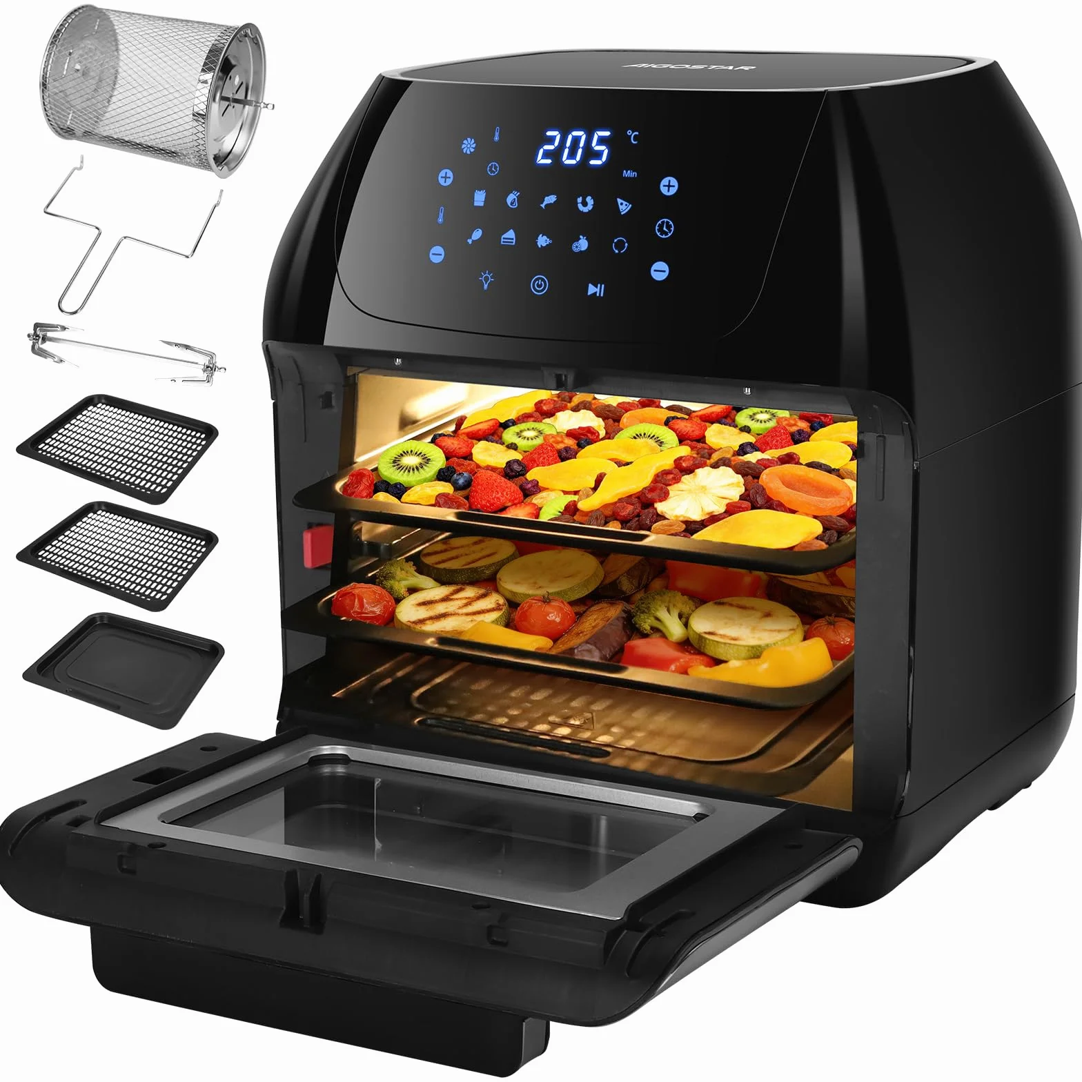 Aigostar Freidora Aire 12L con Sistema giratorio, Horno de Aire 1500W, 9 Programas y Pantalla LED Táctil, Air Fryer de Acero Inoxidable con Ventana Visualización, Accesorios Incluidos, Deshidratador