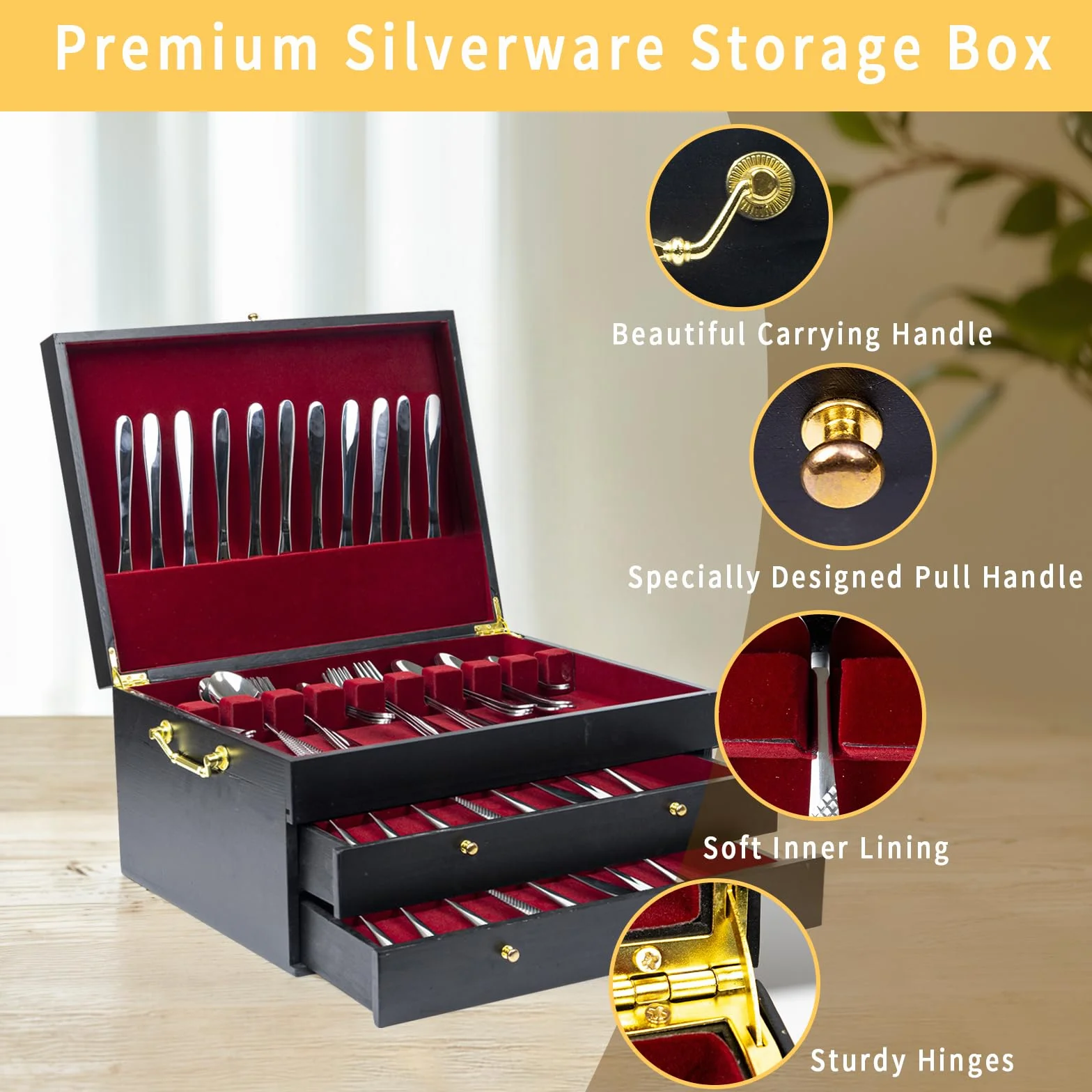 Caja de almacenamiento de cubiertos, caja de madera de 3 capas con cajón, funda para cubiertos con asa y forro de fieltro, organizador de cubiertos y utensilios de cocina de 15.4 x 11.4 pulgadas