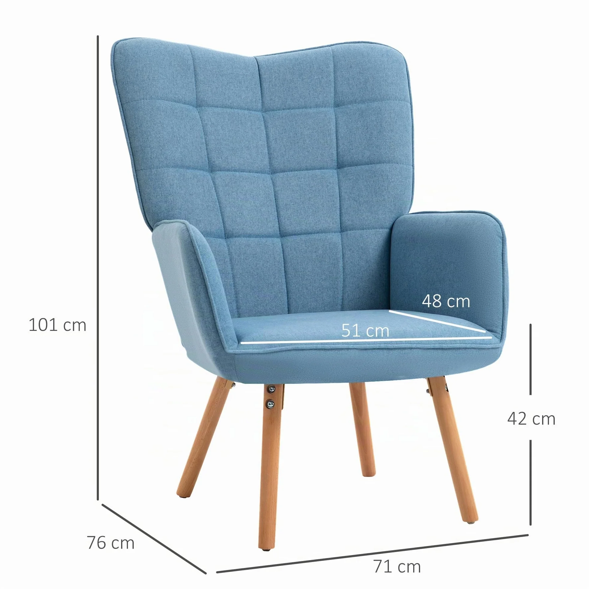 HOMCOM Sillón de Salón Moderno Butaca con Respaldo Alto 71x76x101 cm Azul | Butaca de Dormitorio, Reposabrazos, Tela de Lino, Patas de Madera, para Sala de Estar