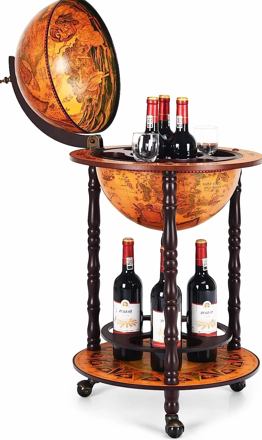 KOMFOTTEU Botellero Bar Globo Terráqueo con Ruedas, Soporte para Botellas de 2 Niveles, Carrito de Bar de Madera, Mueble Minibar para Bebidas, para Restaurante, Fiesta (Marrón, 45 x 45 x 88 cm)