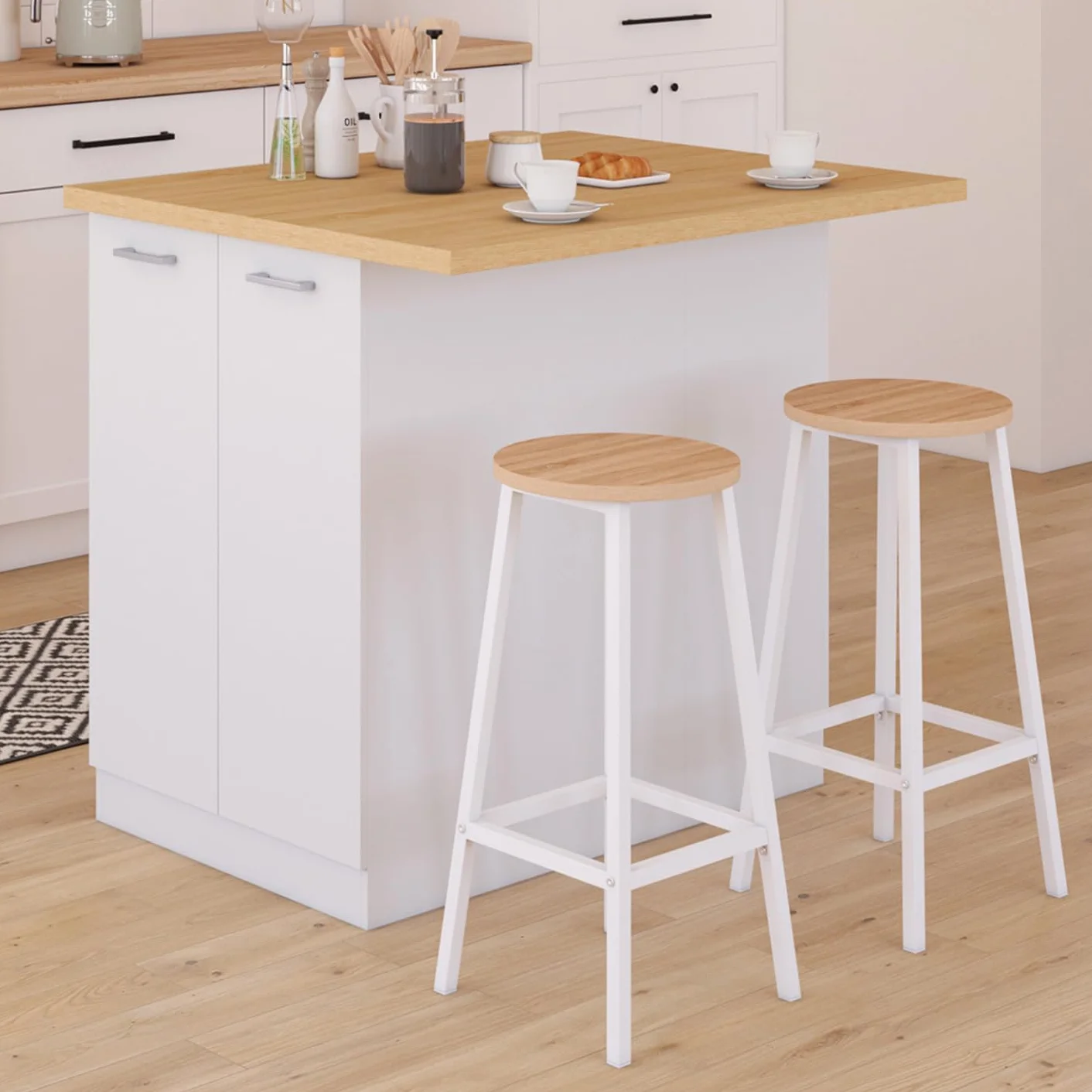 IDMarket - Ilot Central IVO 100 cm, color blanco con encimera de haya