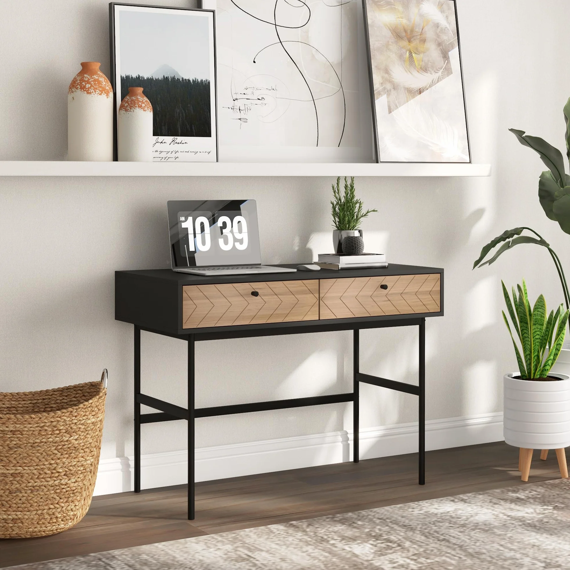 HOMCOM Escritorio con almacenaje Escritorio con cajones Mesa de Ordenador, Estructura metálica, 106L x 50W x 77H cm Negro