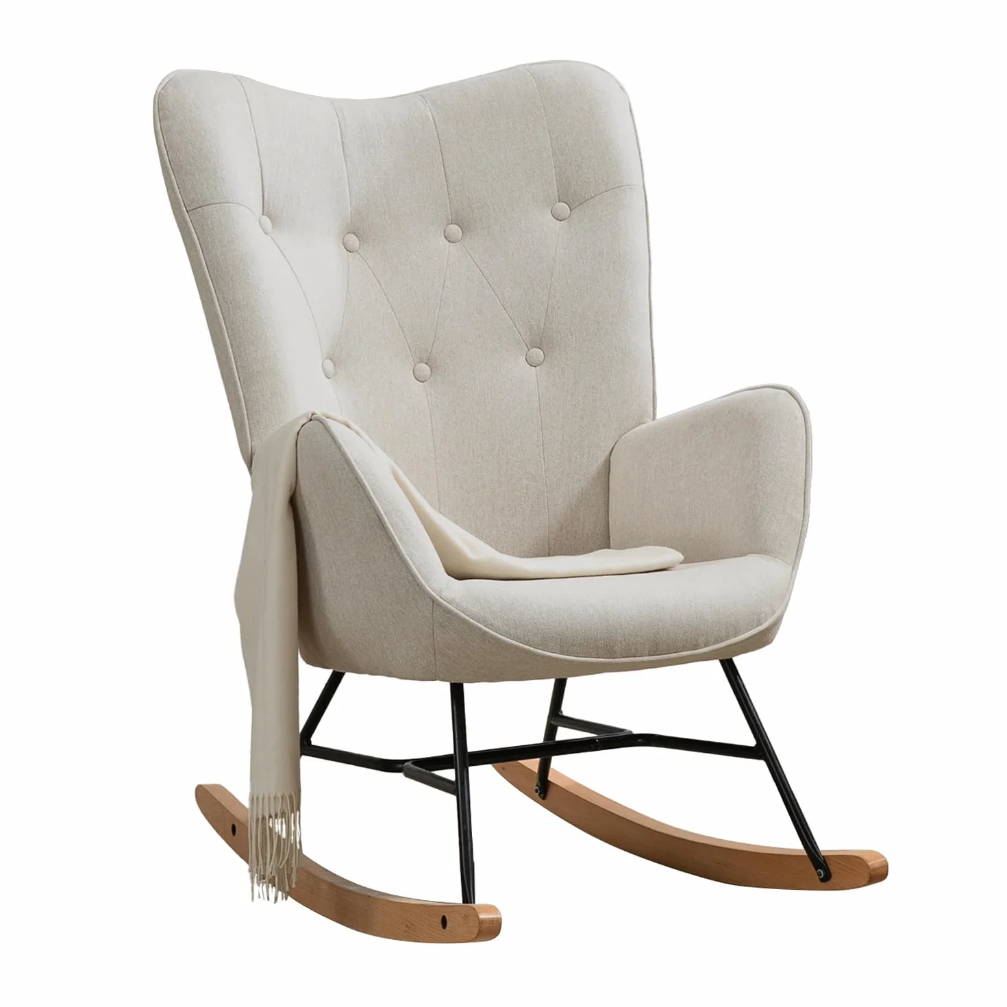 MEUBLE Cosy Silla Mecedora Estilo Escandinavo, Sillón Relax Especial Lactancia para Salón, Dormitorio, Balcón, Sala de Estudio, Tela, Madera de Haya, Metal, Beige