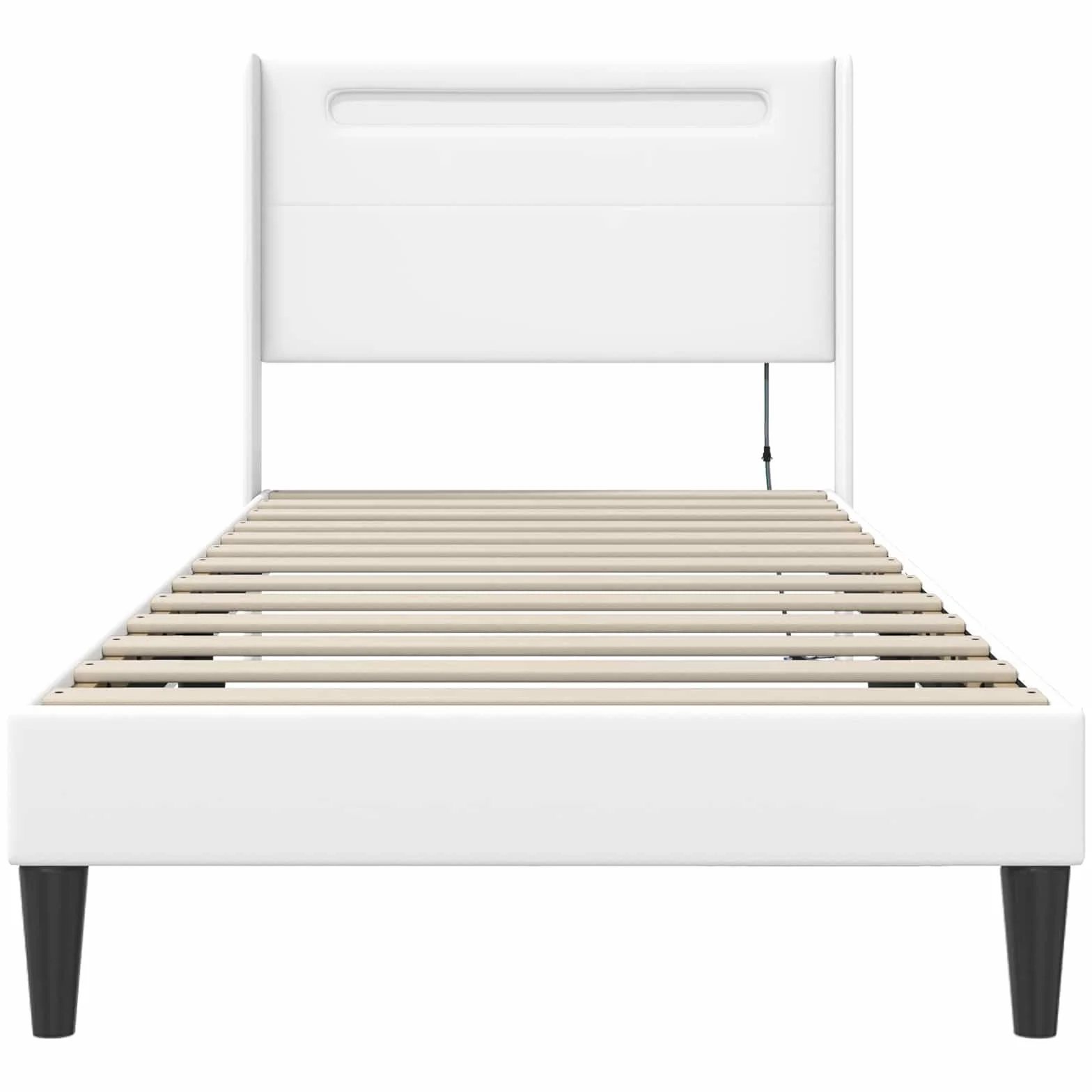 Marco de cama blanco con tiras de luz LED de 90 x 190 cm, piel sintética, marco de madera moderna con tiras LED ajustables Fuente de alimentación USB, diseño estable, para cama individual