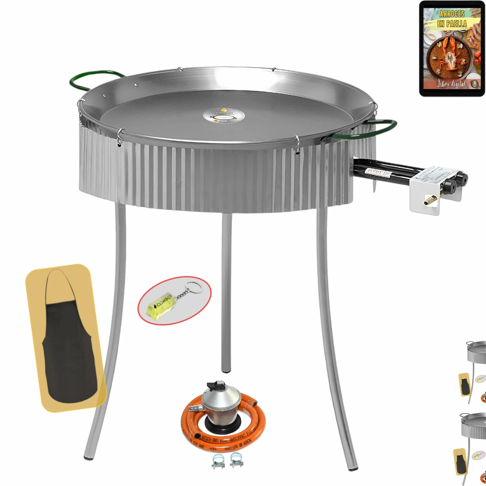 COMBOI Paellero gas butano 50 CM, Paellera de 60 CM, Kit Quemador, Regulador de gas, Manguera, Patas Tripode, Paravientos, nivel, delantal, Libro de Recetas digital (KIT Paellero 50 CM + PARAVIENTOS)