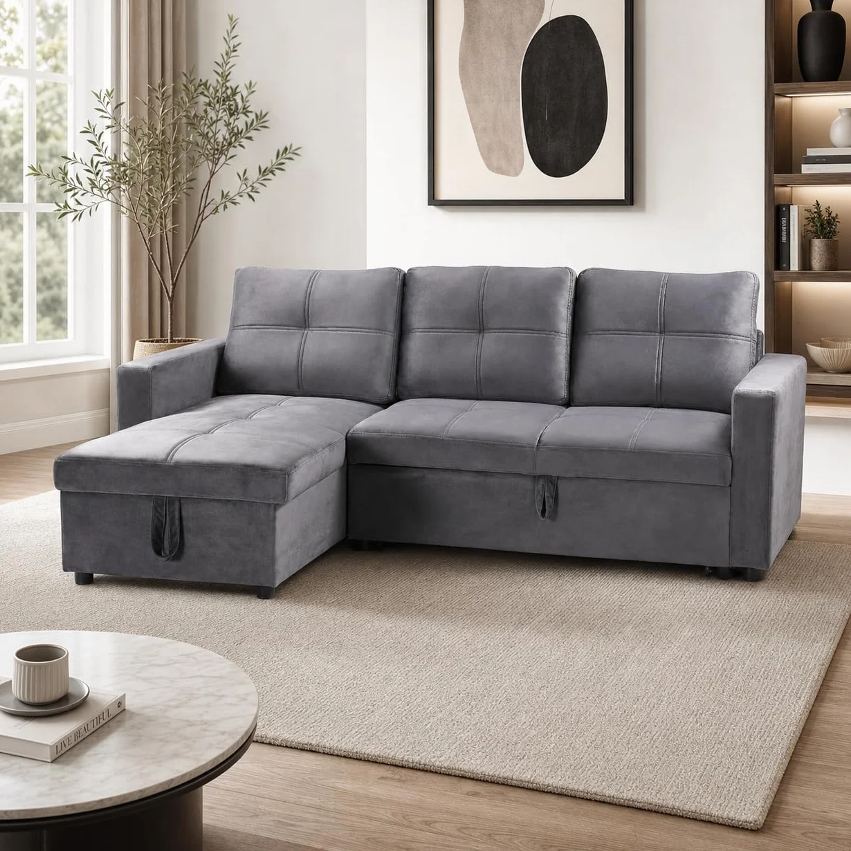 Sofá Cama Chaise Longue BOGA 3 Plazas Gris Terciopelo 215 x 135 cm - Cheslong Reversible con Arcón y Almacenamiento - Sistema de Arrastre - Tapizado Suave - Armazón Pino Macizo - Salón