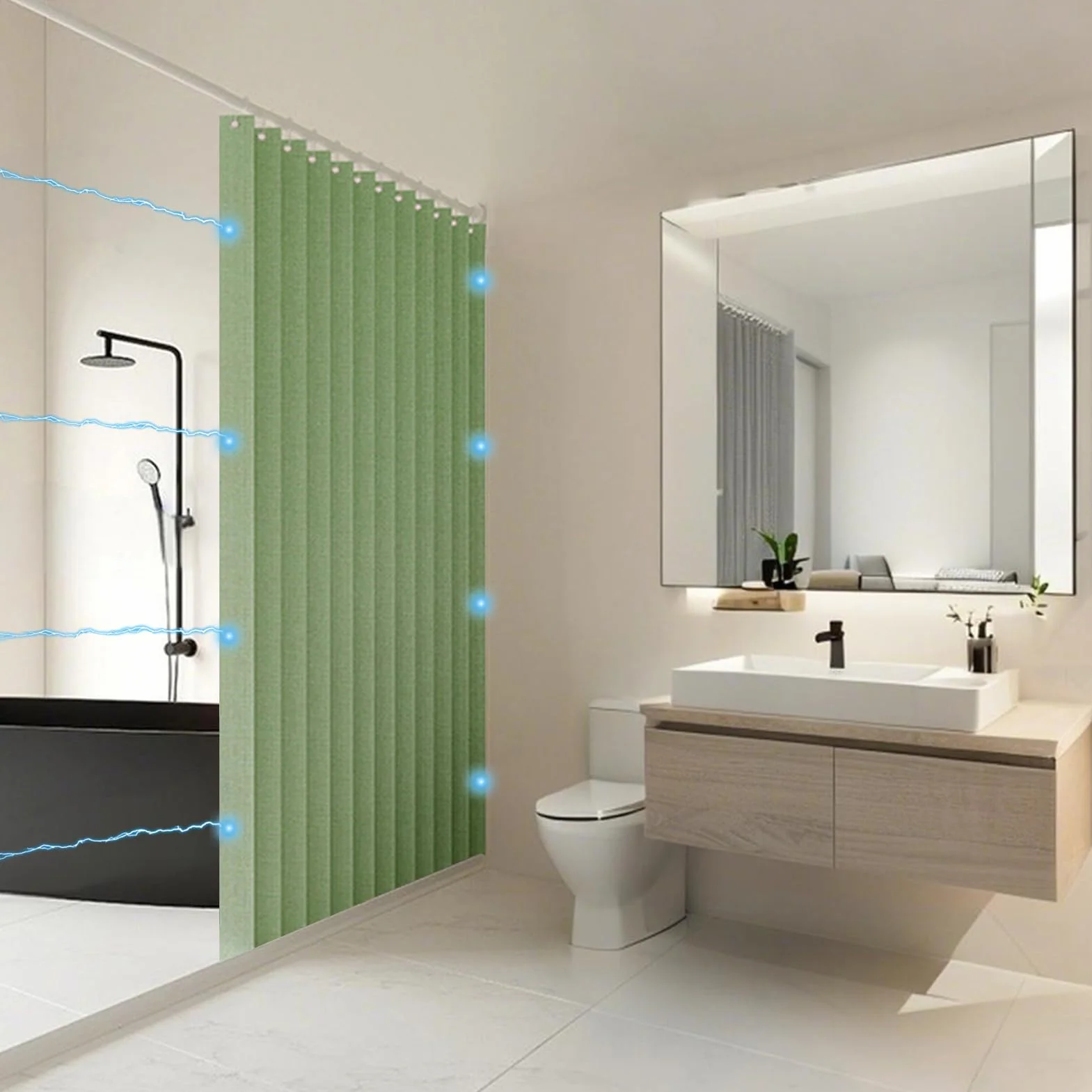 Cortina de Ducha Magnética Plegable Impermeable y Antimoho, Cortinas de Ducha de Tela Plisada, Resistentes y Lavables para Baño, 340g/m², Verde Manzana, 80x200cm