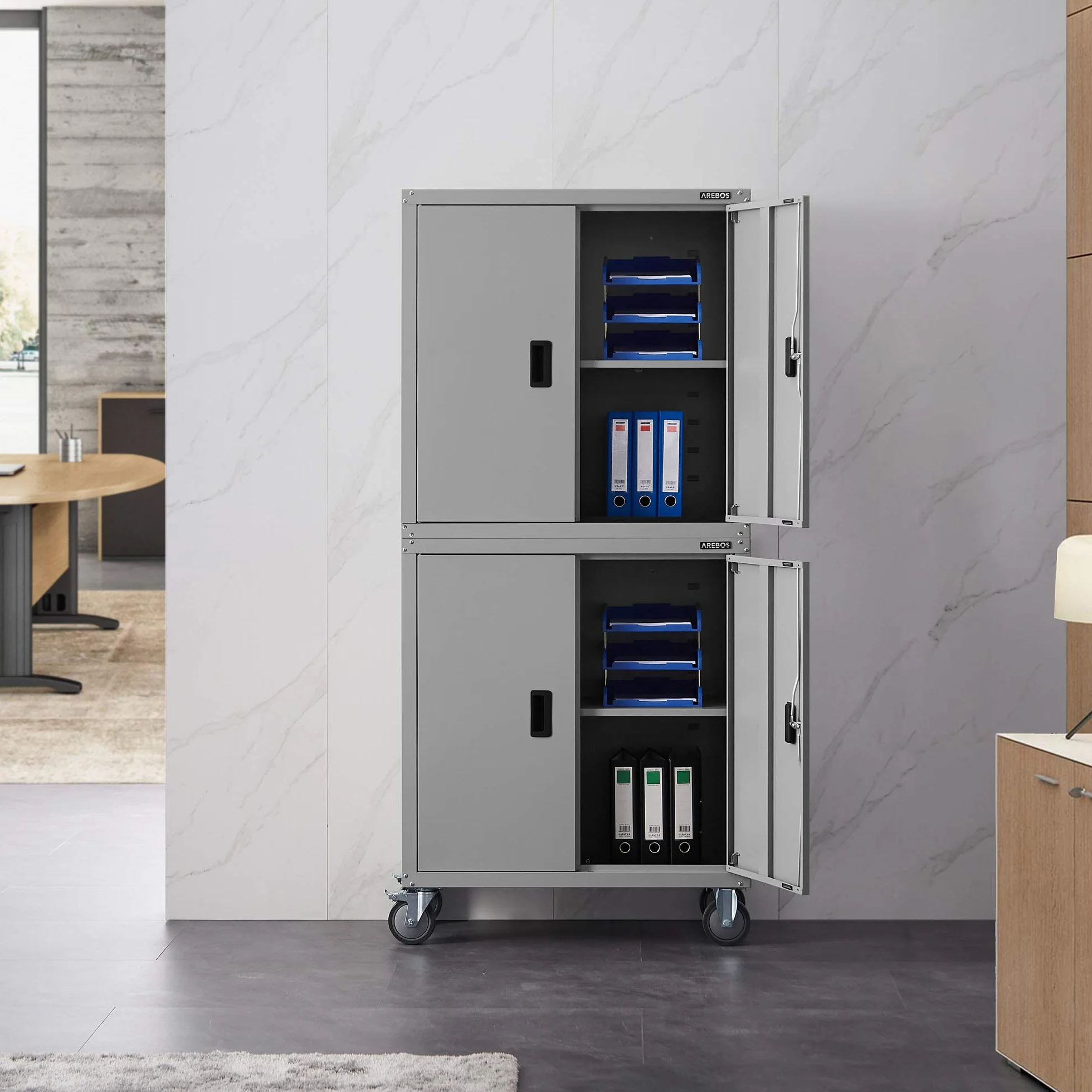 Arebos Archivador Armario de Oficina | Armario de Almacenamiento | 4 Estantes de Altura Ajustable | 180 x 90 x 40 cm | Acero