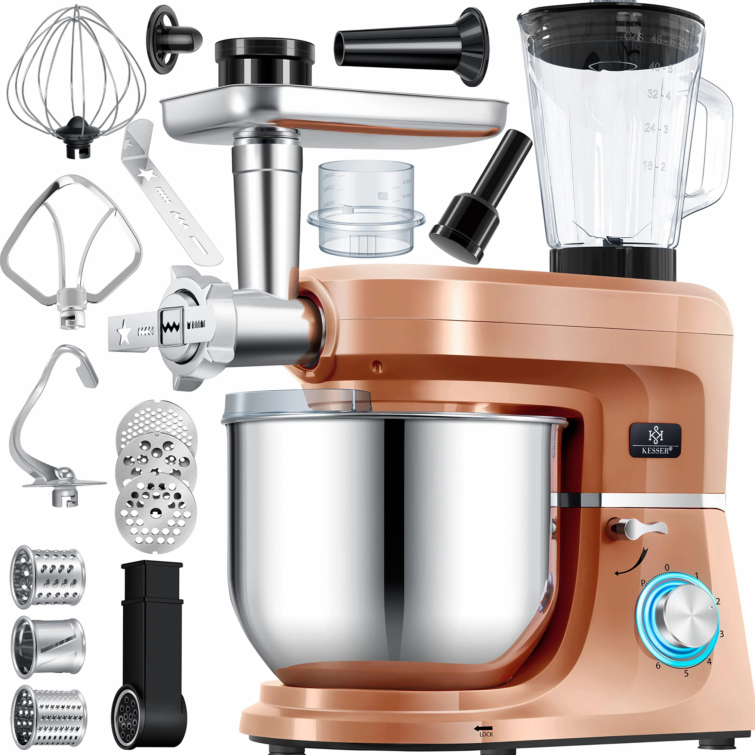 KESSER® Procesador de alimentos universal 3 en 1 K-KM 3000 con amasadora multifuncional tazón Fleischwolf de 5,5 l, llaves con 3 utensilios para mezclar, exprimidor de 1,5 l, cobre
