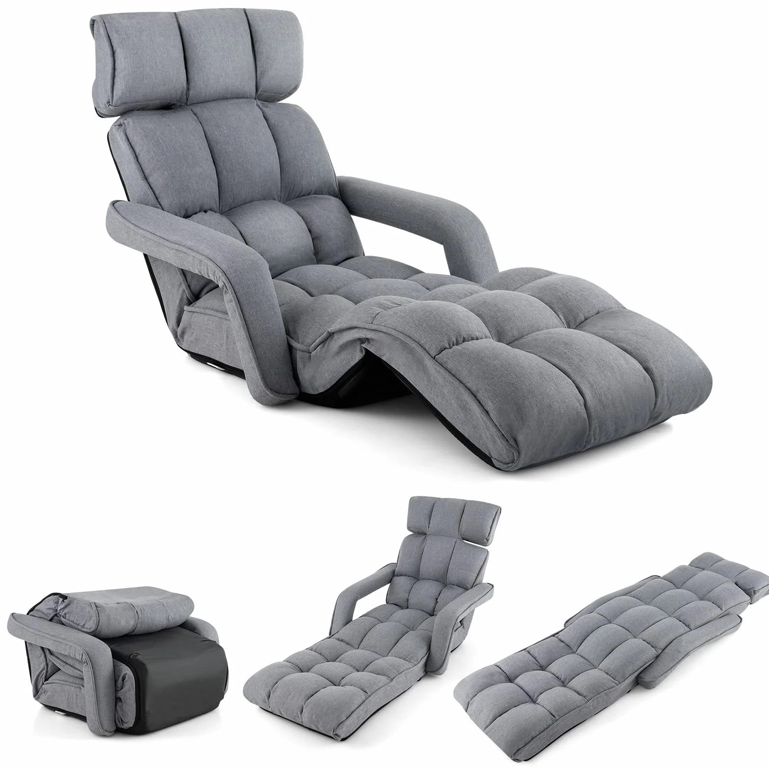 GOPLUS Sillón Relax Reclinable en 6 Posiciones, Sillla Suelo Plegable con Cojín Acolchado, Sofá Orejero Individual para Lectura y Gamer en Dormitorio,196 x 72 x 19.5 cm, Gris (Gris Oscuro)