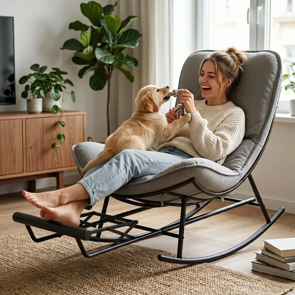 Mecedora con Extensible Reposapiés & Cojín Extraíble, Sillón Mecedora Relax Ergonómico, Carga 200KG Extragrande, Rocking Chair Ratán Resistente Intemperie para Interior y Exterior, Jardín, Salón