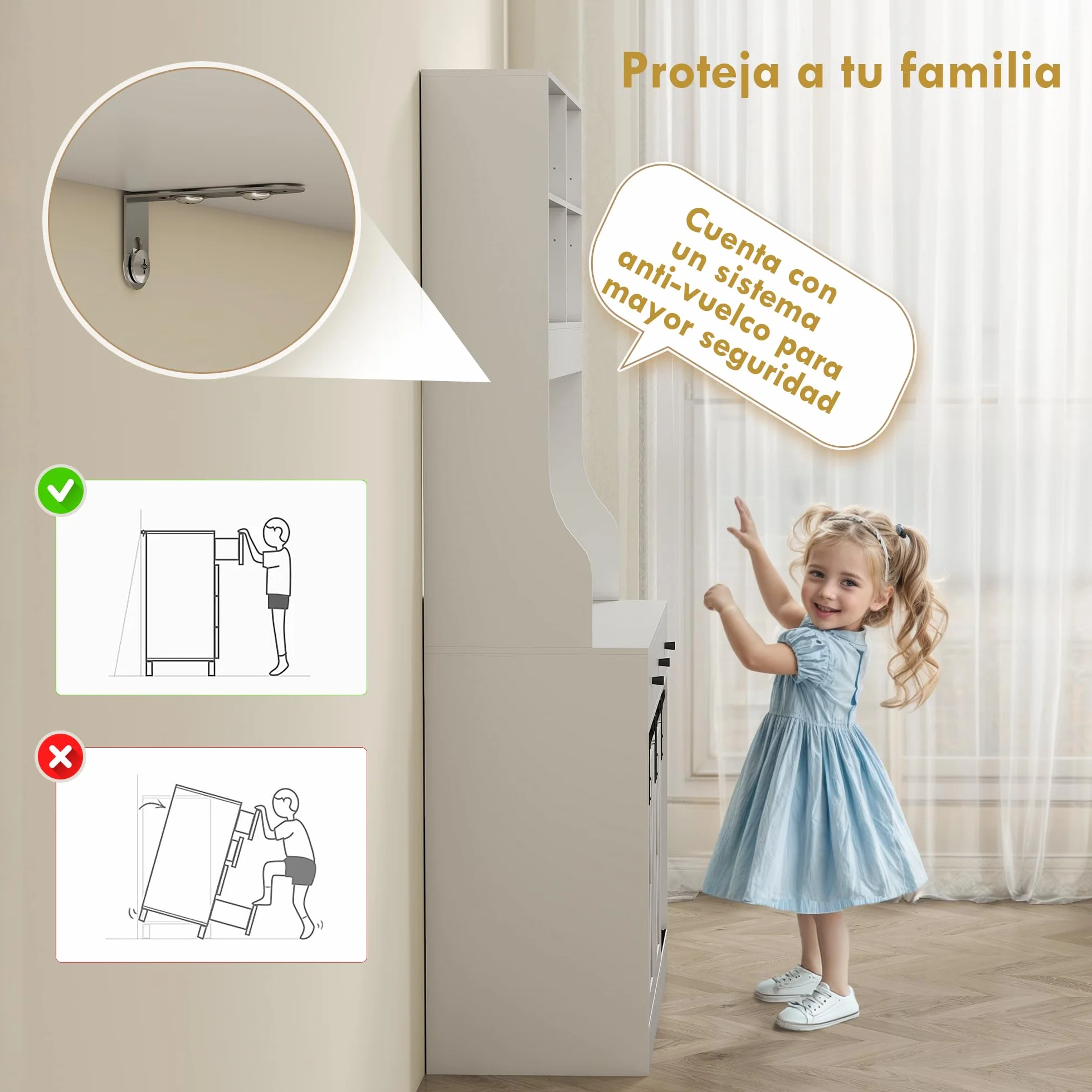 HOMCOM Alacena de Cocina Mueble Auxiliar con Encimera para Microondas, 2 Puertas Corredizas y 3 Cajones, Estantes Regulables, Estilo Granja, 93,5x40x180 cm Blanco