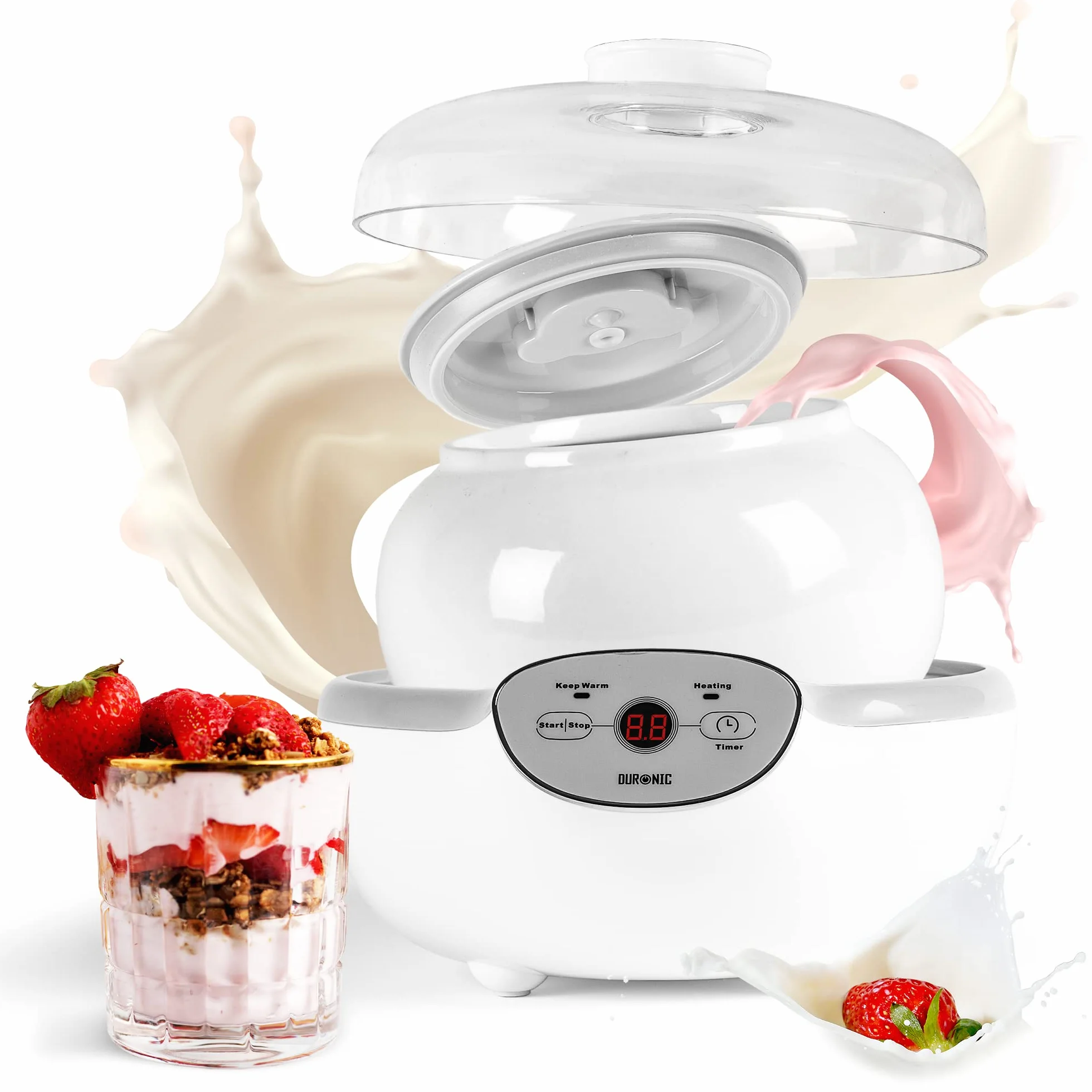 Duronic YM1 Yogurtera de 20 W Capacidad de 1.5 L | Partes aptas para lavavajillas | Temporizador y Autoapagado | Diseño elegante en cerámica | Máquina de Yogures Naturales y Caseros Postres Salsas