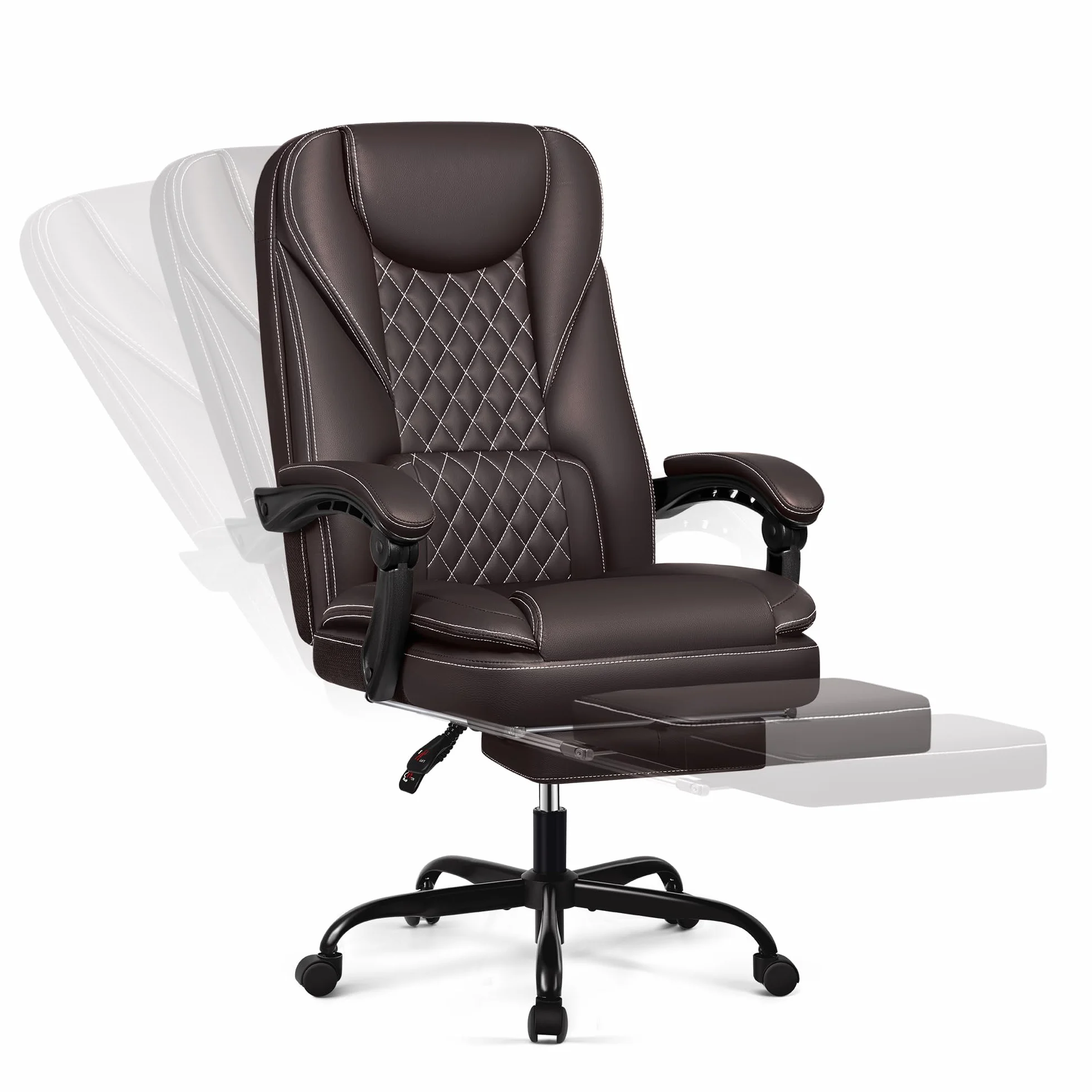 Silla de oficina ergonómica de escritorio, 140°, con reposapiés, reposacabezas, función basculante, giratoria, piel sintética, 150 kg, color café
