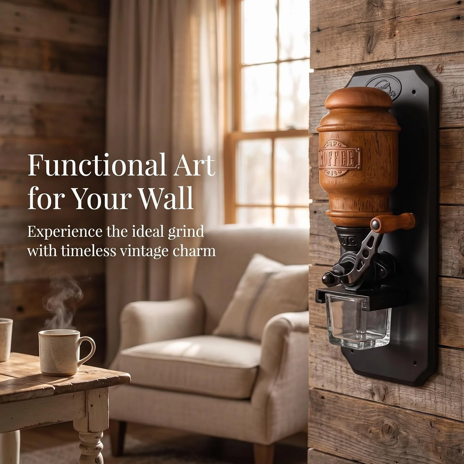 Molinillo de café manual de pared con manivela y muelas de hierro fundido | Diseño retro que ahorra espacio; capacidad de 20 g para granos y recipiente de vidrio para el café molido