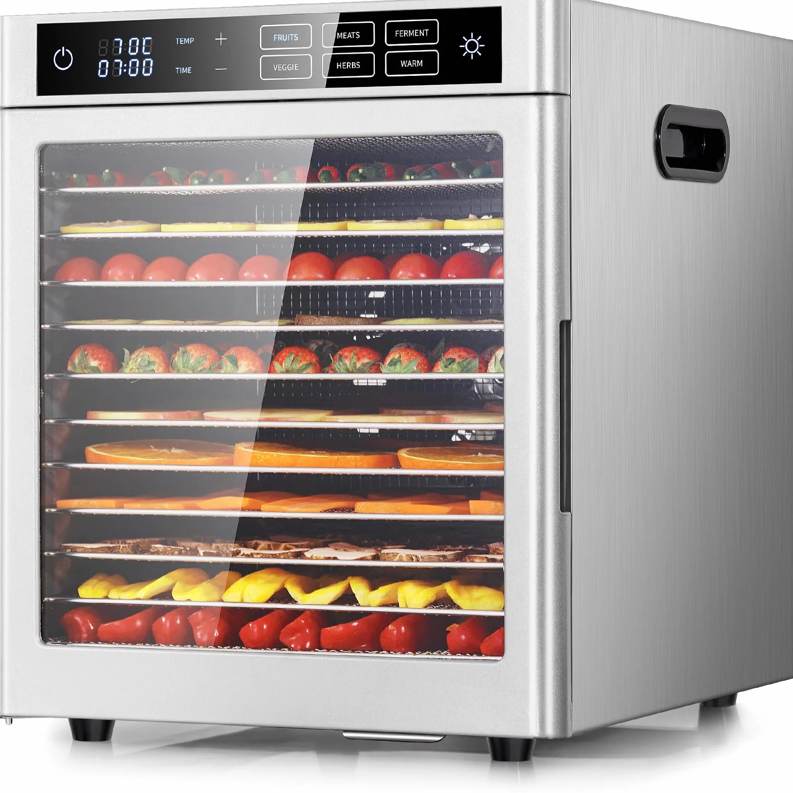 Kwasyo Deshidratador de Alimentos Acero Inoxidable 12 Bandejas, 6 Funciones Preestablecidas, Deshidratador de 800W, 6 Tapetes de Silicona, 2 Tarros, 2 Bandejas para Rollos de Frutas, Receta Incluida