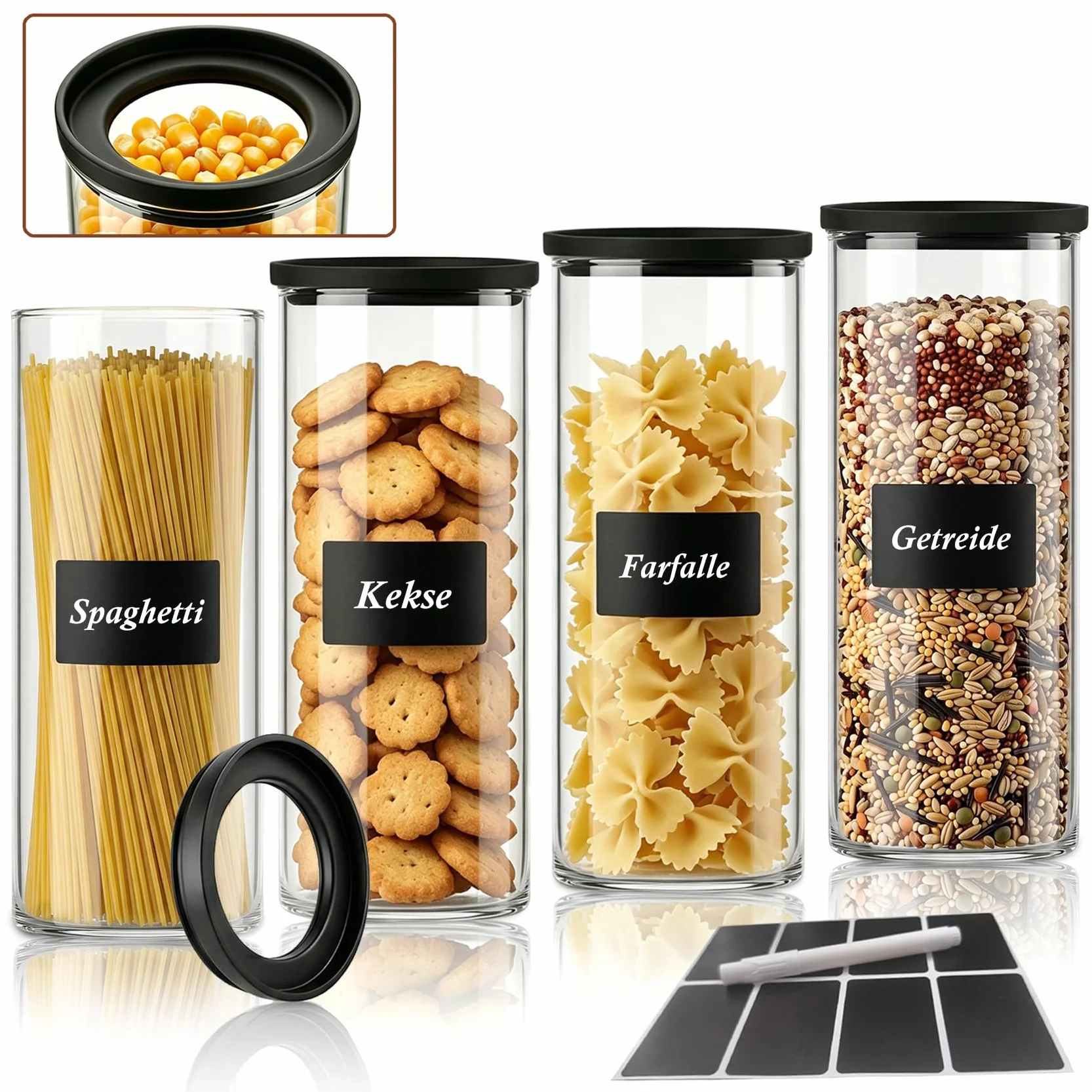 Juego de 4 tarros de cristal con tapa, 1800 ml, herméticos con tapa de cristal transparente, tarros redondos con etiquetas, apilables para cocina, almacenamiento de espaguetis