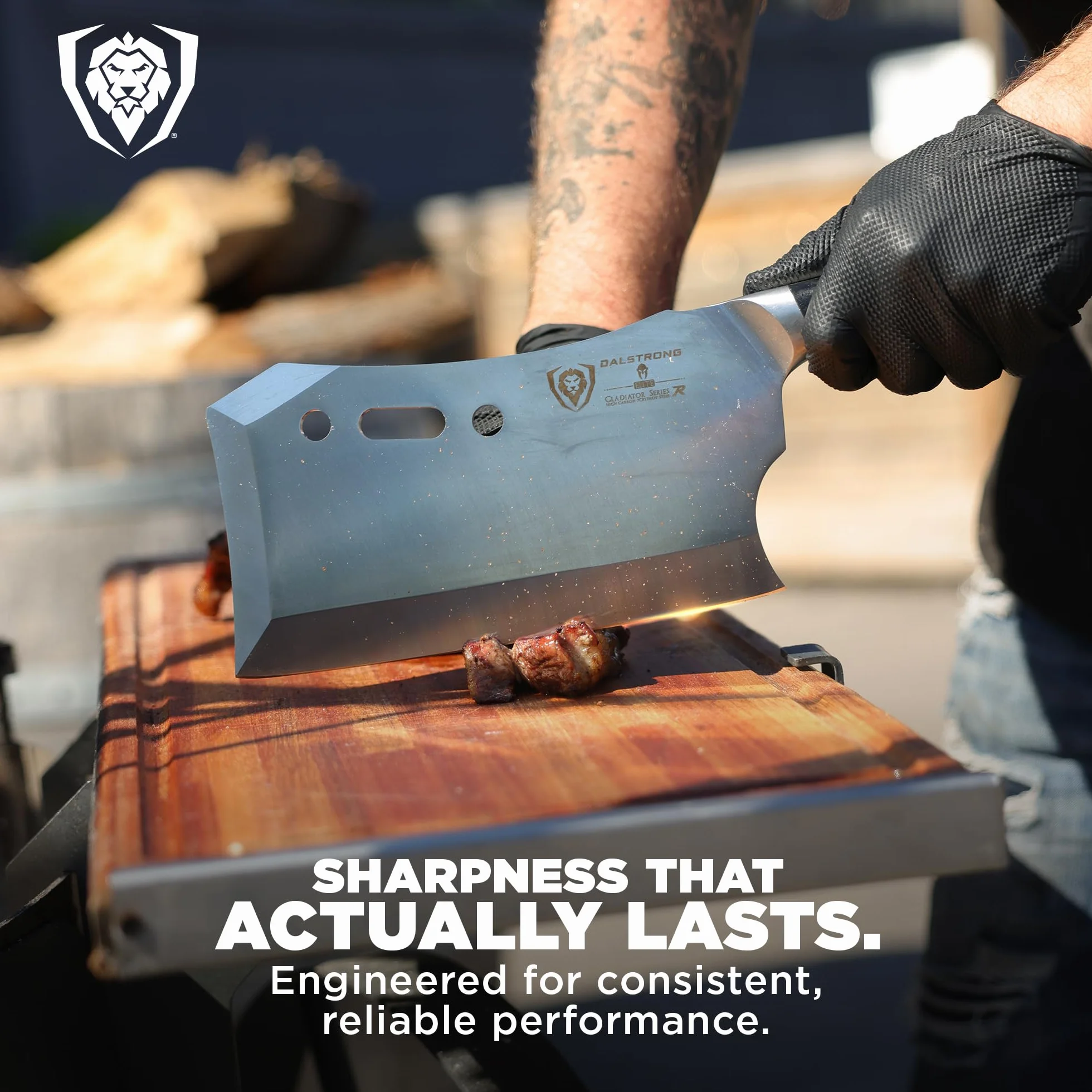 Dalstrong Obliterator Meat Cleaver - 9" - Gladiator Series R - Stand and Sheath Included - Razor Sharp Massive Heavy Duty - 3lbs - 6mm Thickness - 7CR17MOV High Carbon Steel - NSF Certified