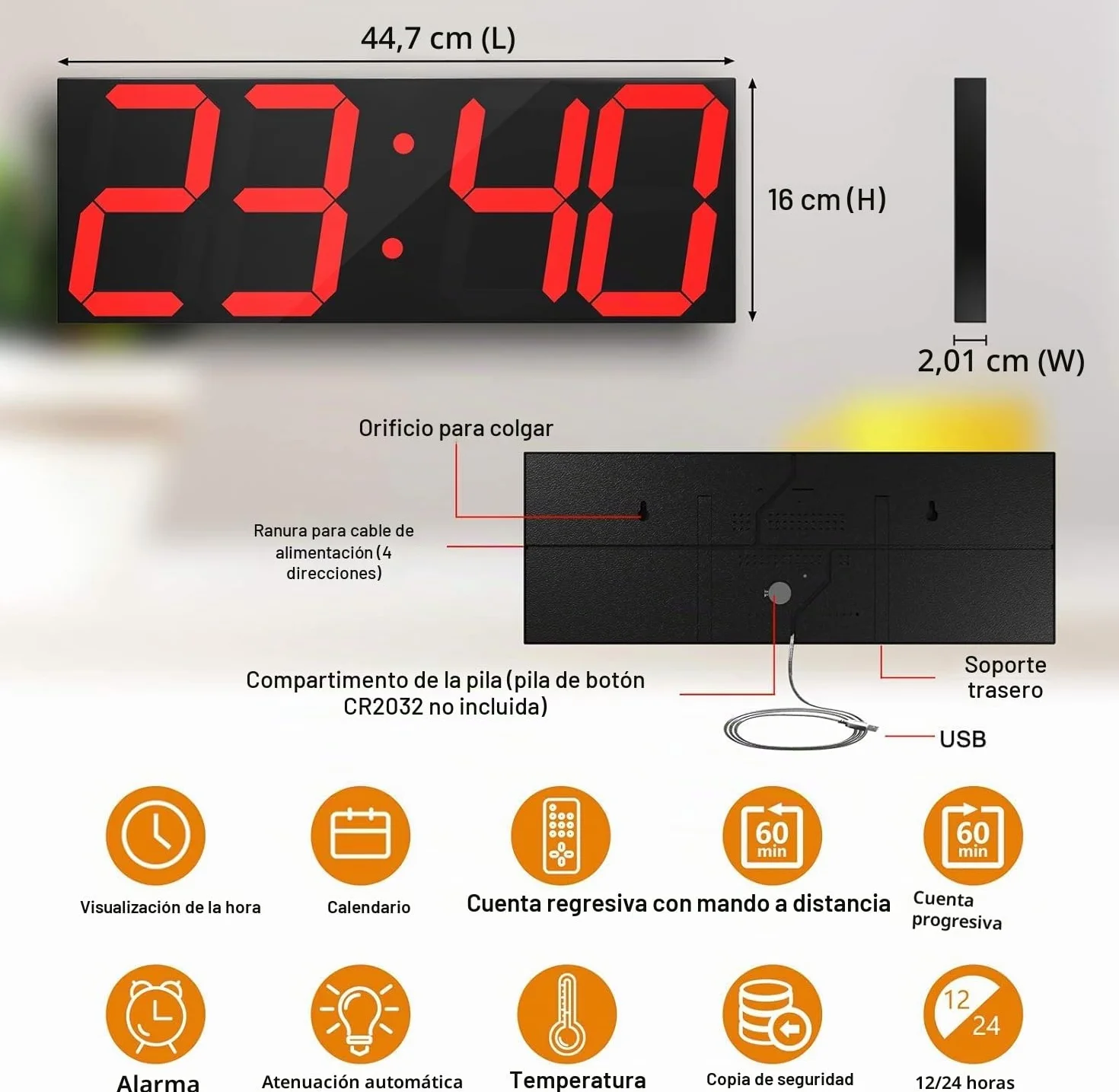 CHKOSDA Reloj LED digital de pared grande con pantalla LED de 18 pulgadas, cuenta atrás con 8 niveles de brillo ajustables, indicador de 12/24 horas, indicador de temperatura y calendario (rojo)