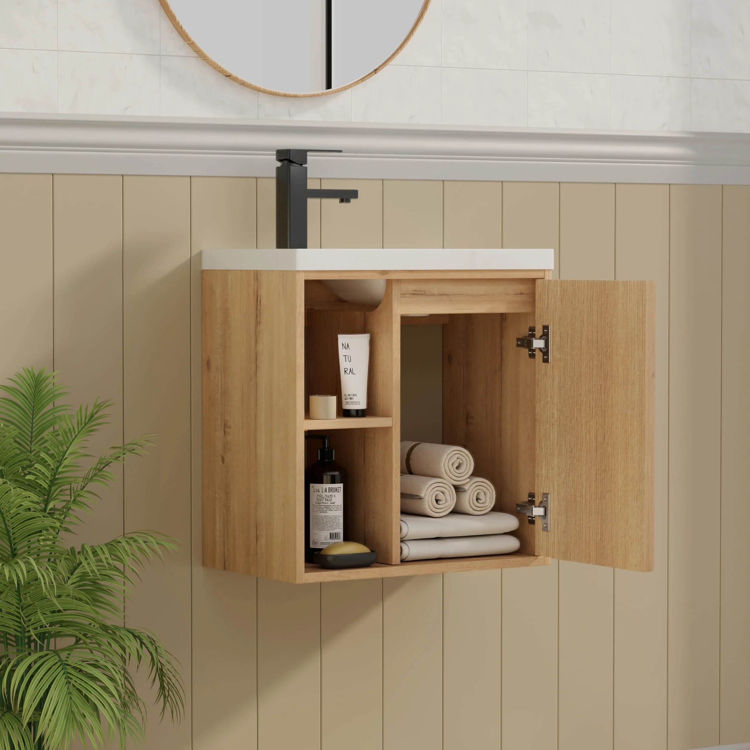 UEV Mueble de Baño con Lavabo de Resina, Mueble de Baño Suspendido con Diseño Único y Practicidad, Modelo de Madera Natural, 50,5 x 30 x 50 cm, Natural