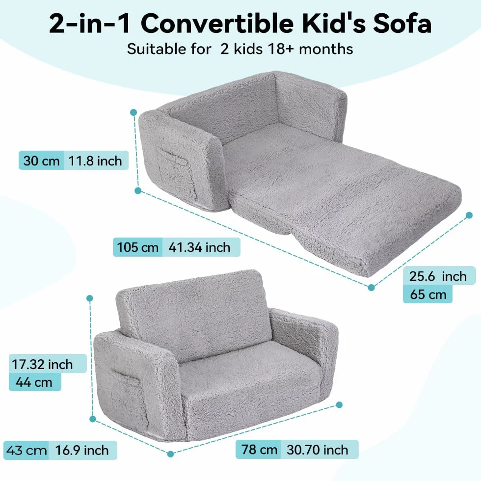 Sofá cama 2 en 1 para niños, silla extra ancha, bolsillos laterales y funda extraíble, sillones convertibles (gris)