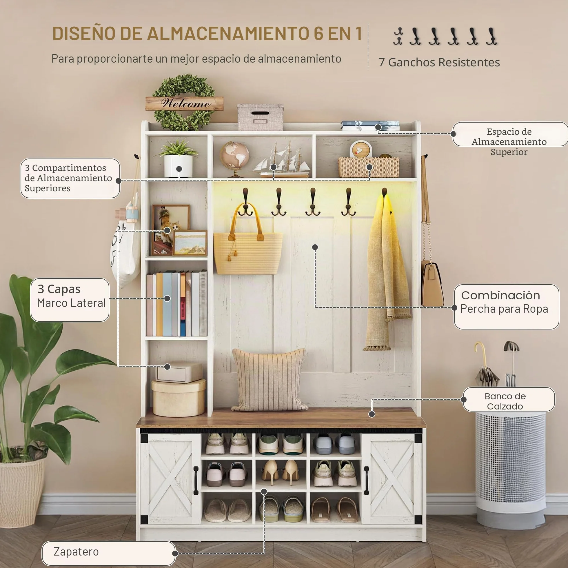Hzuaneri Perchero LED con Banco de Zapatos, Mueble de Entrada, Estantes Ajustables, 15 Compartimentos Abiertos, 7 Ganchos, para Entrada, Pasillo, Blanco y Marrón HT24614XEU