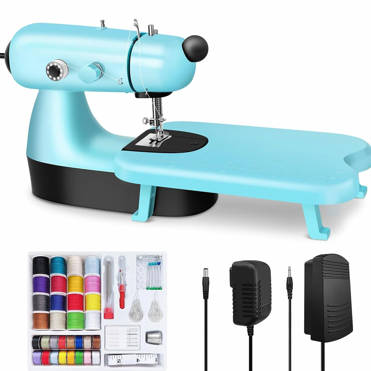 Mini máquina de coser eléctrica con mesa de extensión para manualidades | Cuenta con control de doble velocidad y pedal de pie. Cose hasta 6 capas de mezclilla. Perfecta para decoración