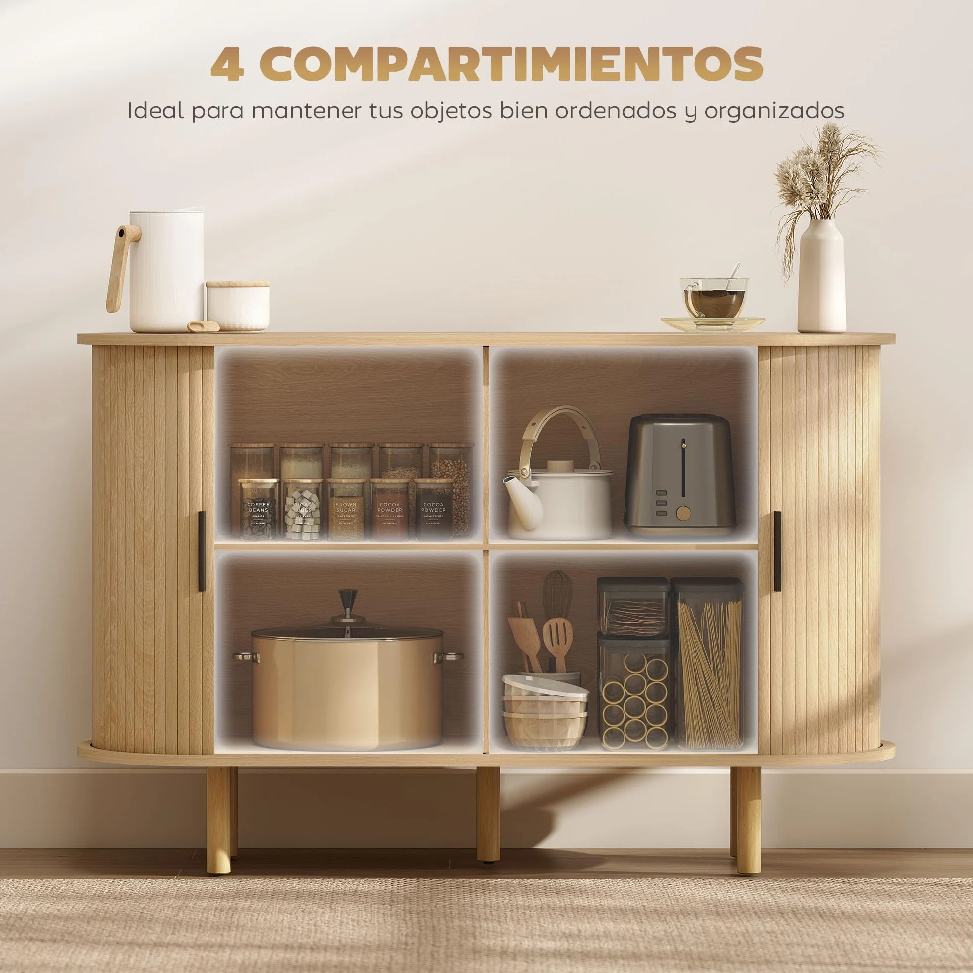 HOMCOM Aparador con Puertas Tambour Deslizantes, 4 Compartimentos, Patas de Madera, Roble, 120x40x78 cm