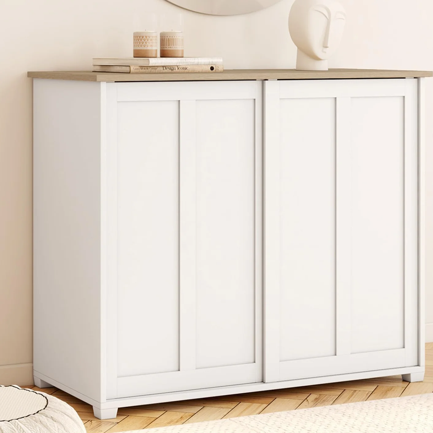 IDMarket - Aparador Jango de 100 cm con 2 puertas correderas, blanco y tablero de madera