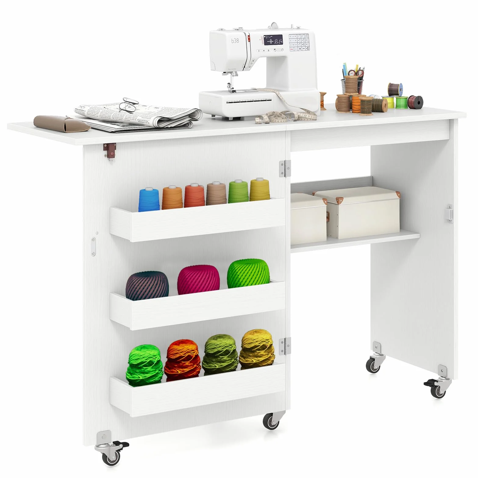 LIFEZEAL Mueble para máquina de Coser, Mesa Plegable de Costura, Armario de Madera con 3 bastidores, Escritorio móvil con 5 Ruedas, para hogar, Oficina (Blanco, 117 x 40 x 77 cm)