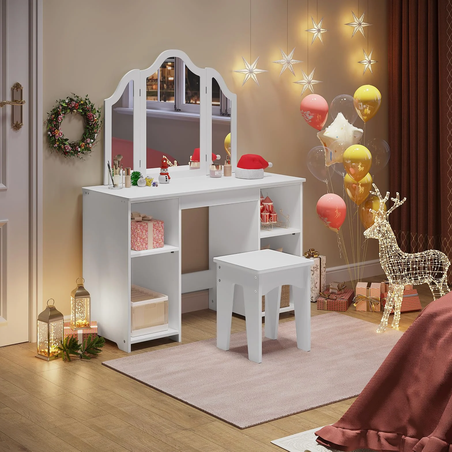 WOLTU Mesa Tocador Infantil 3 Piezas con Taburete y Espejo Plegable, Blanco MDF