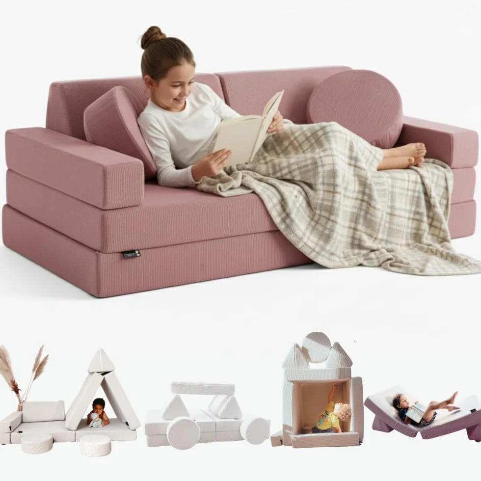 TIPICHOU Sofá Infantil Modular para niños - Sofa Cama 2 plazas Plegable Convertible – Transformable en Cama supletoria, Zona de Juego, sillón, colchón de Suelo niños (Rosa)