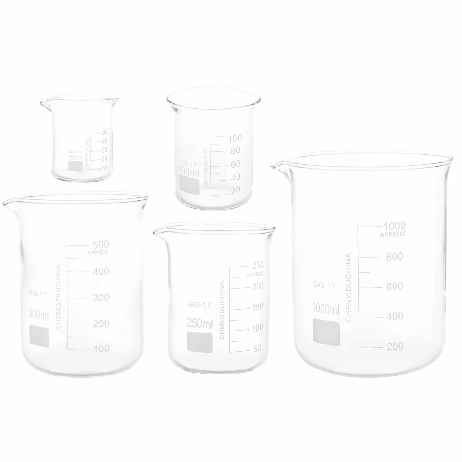 Vasos de Precipitado de Vidrio 5 Piezas para Laboratorio | Vasos de Vidrio, Porta Líquidos a Escala, Graduados, Vaso de Transparente, Taza Medidora Decoracion Colegio