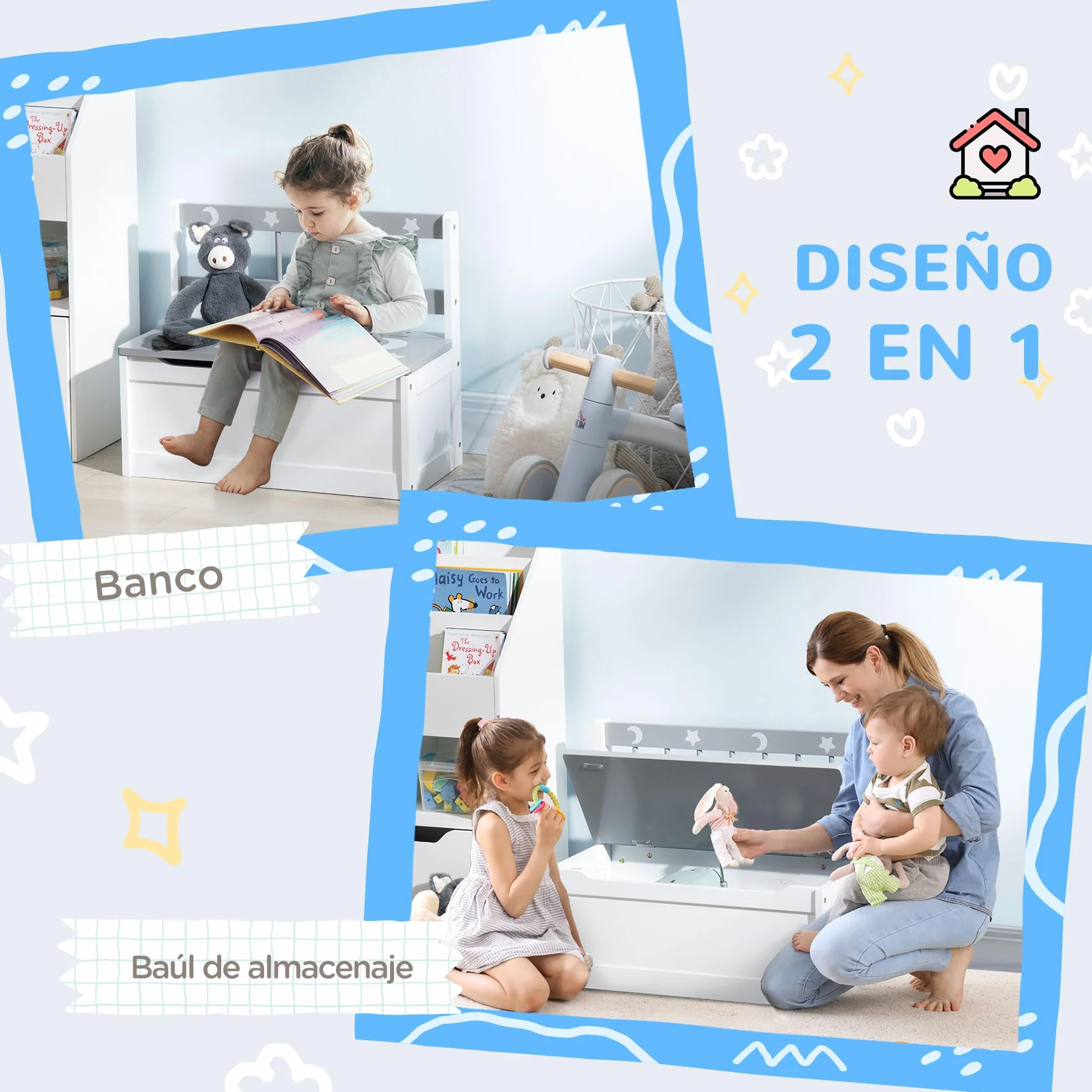 ZONEKIZ 2 en 1 Baúl de Juguetes para Niños de +18 Meses Banco de Almacenaje Infantil con Tapa de Cierre para Dormitorio Sala de Juego Carga 50 kg 60x30x50 cm Gris y Blanco