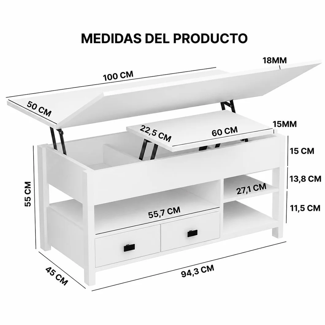 Marctani Mesa de Centro elevable 3 en 1 - Mesa de Centro Blanca con Almacenamiento Oculto y 2 Cajones, Mueble de Salón Extensible en Madera MDF para Escritorio y Comedor