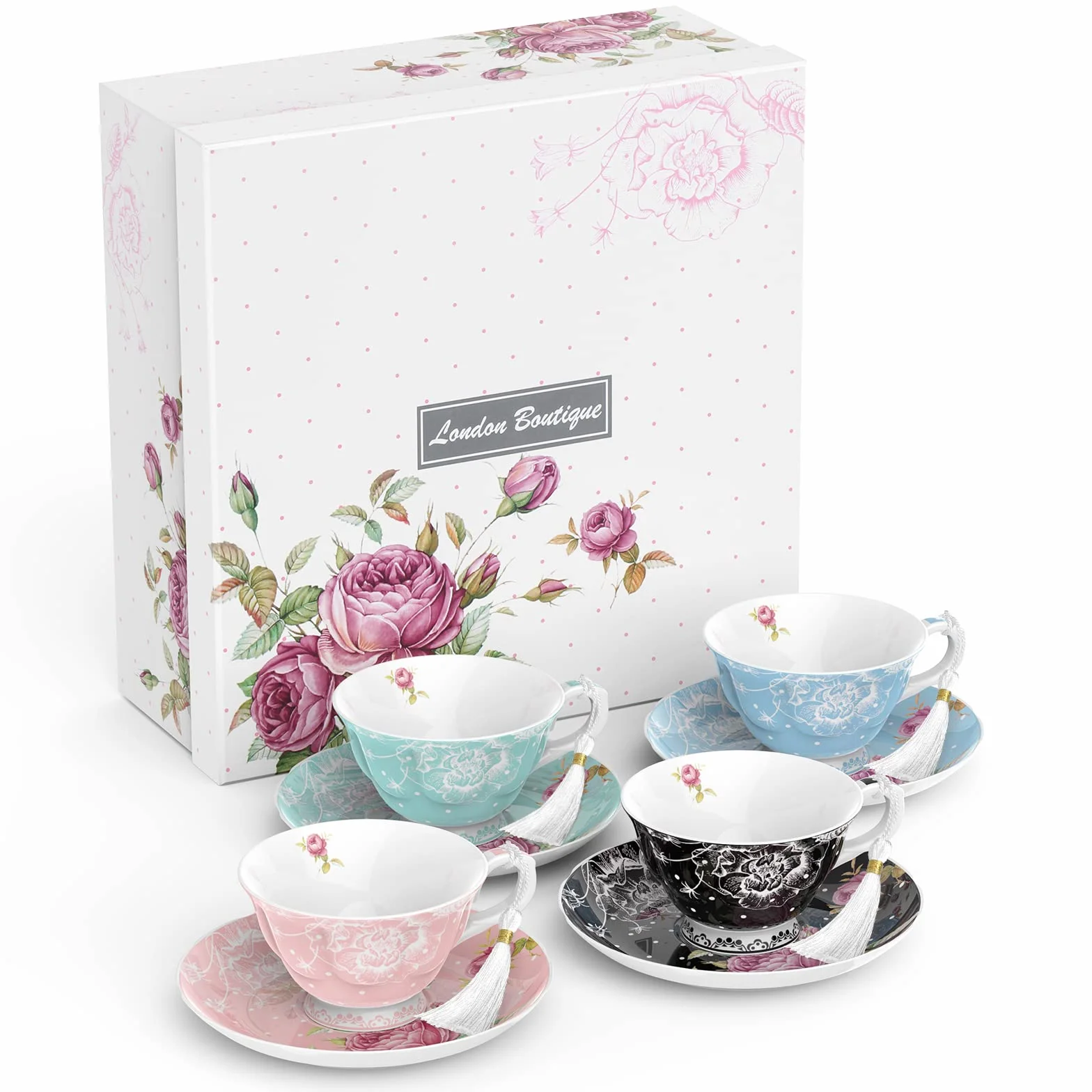 London Boutique Juego de Taza de té y platillo, 1 Juego de té de la Tarde New Bone China Vintage Flora Caja de Regalo de 200 m (1 Color Cada uno)