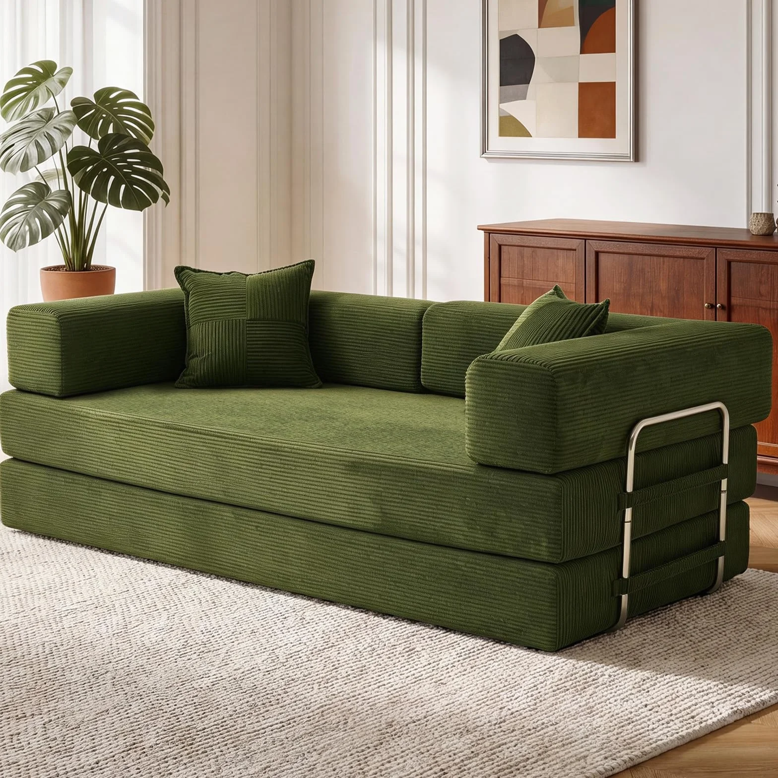 Vipbear 200cm Sofá Cama, Modular Desmontable Plegable 5 en 1,Confeccionado en Pana, Sofá Cama 3 Plazas Ideal para Espacios Reducidos, Verde | Convertible