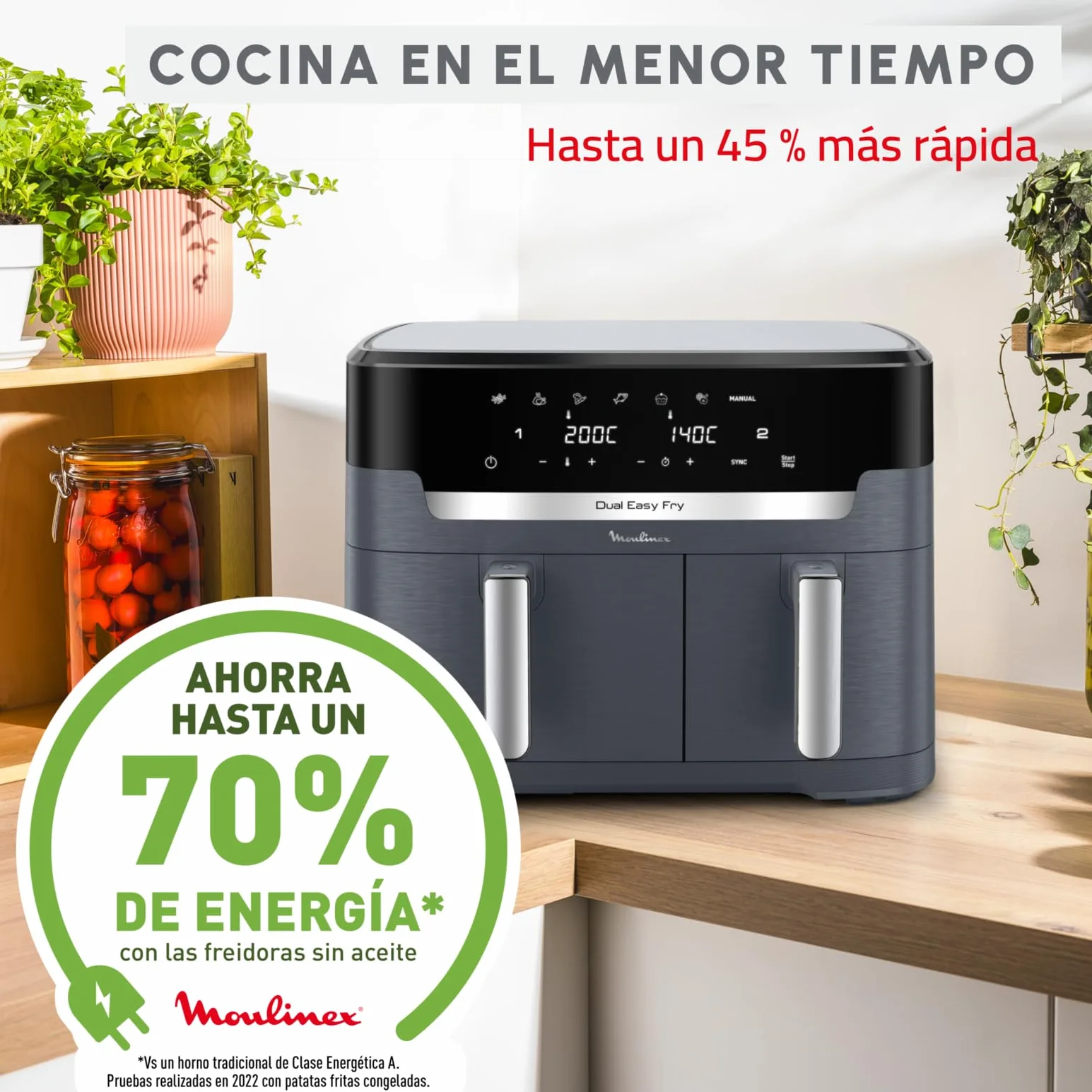 Moulinex XXL Dual Easy Fry 11L: Freidora de Aire de Doble Cesta +8 Personas, Dos cestas (6,5 L + 4,5 L),7 Programas Automáticos, EZ942BF0