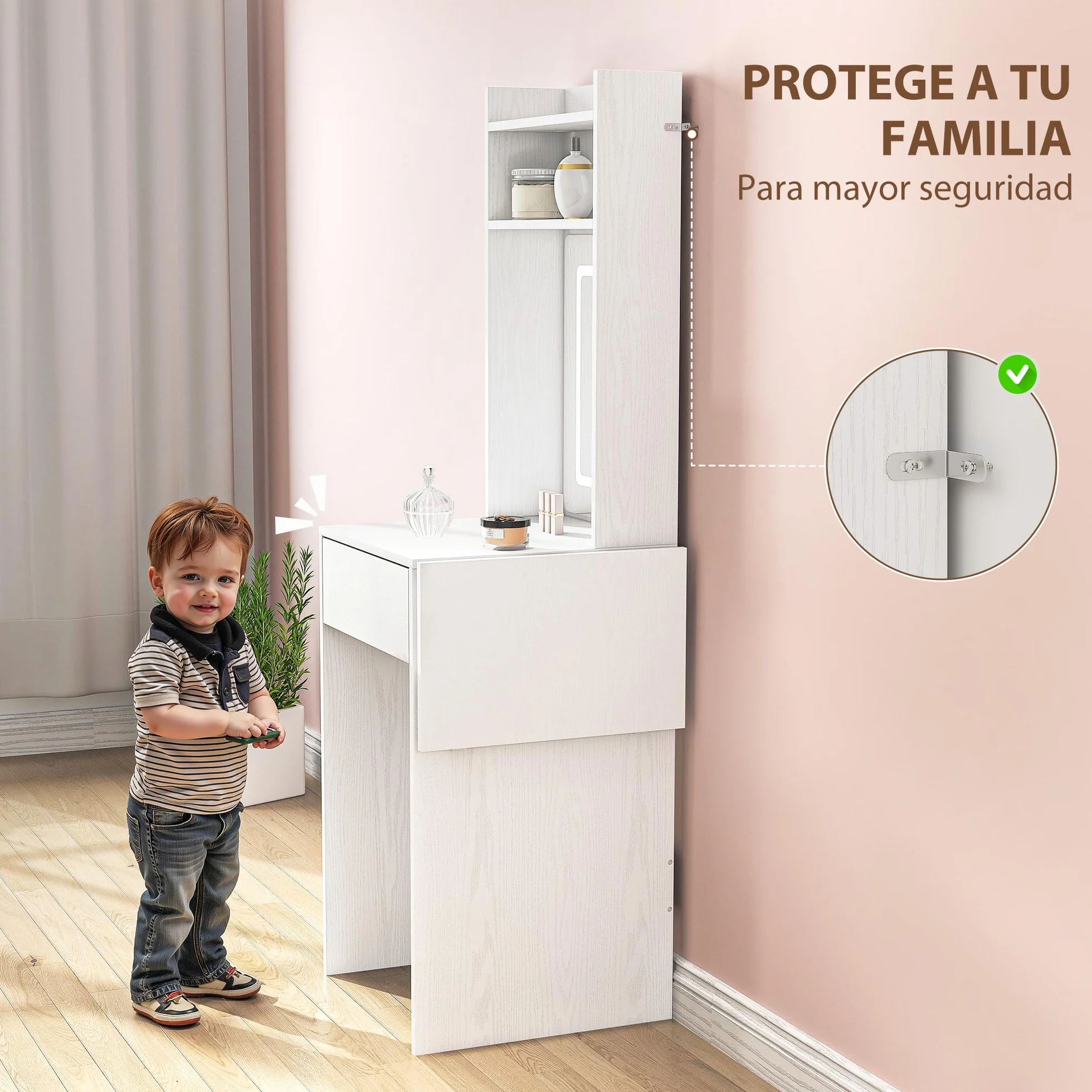 HOMCOM Tocador de Maquillaje con Luces LED de Color Ajustable en 3 Tonos y Espejo Tocador Pequeño Moderno con Lateral Abatible Cajón Compartimentos Abiertos para Espacios Pequeños Blanco