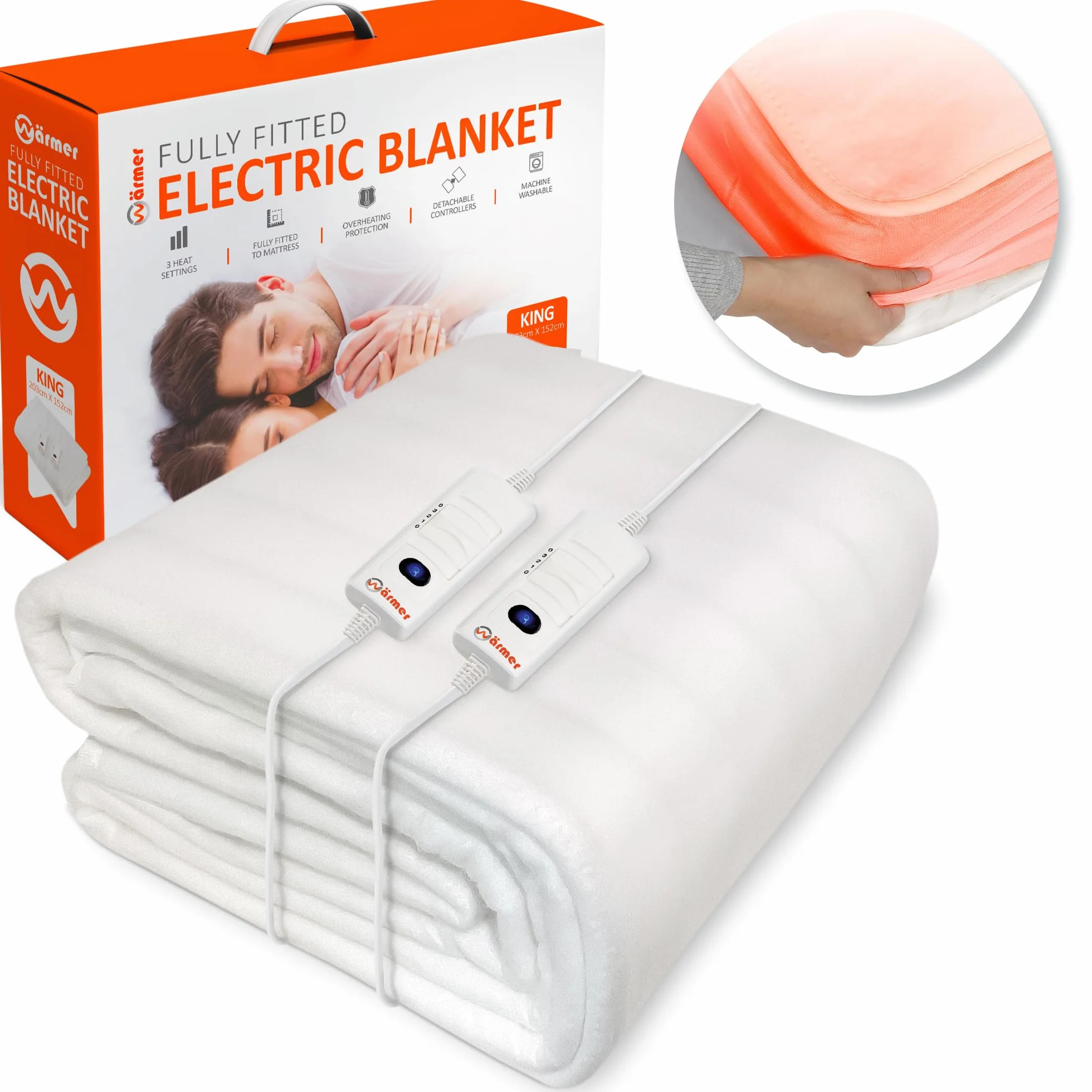 Wärmer - Manta eléctrica tamaño superking, doble control, funda de colchón totalmente ajustable con falda elástica, 3 ajustes de calor, 2 controladores desmontables, 203 x 182 cm, tamaño Super King