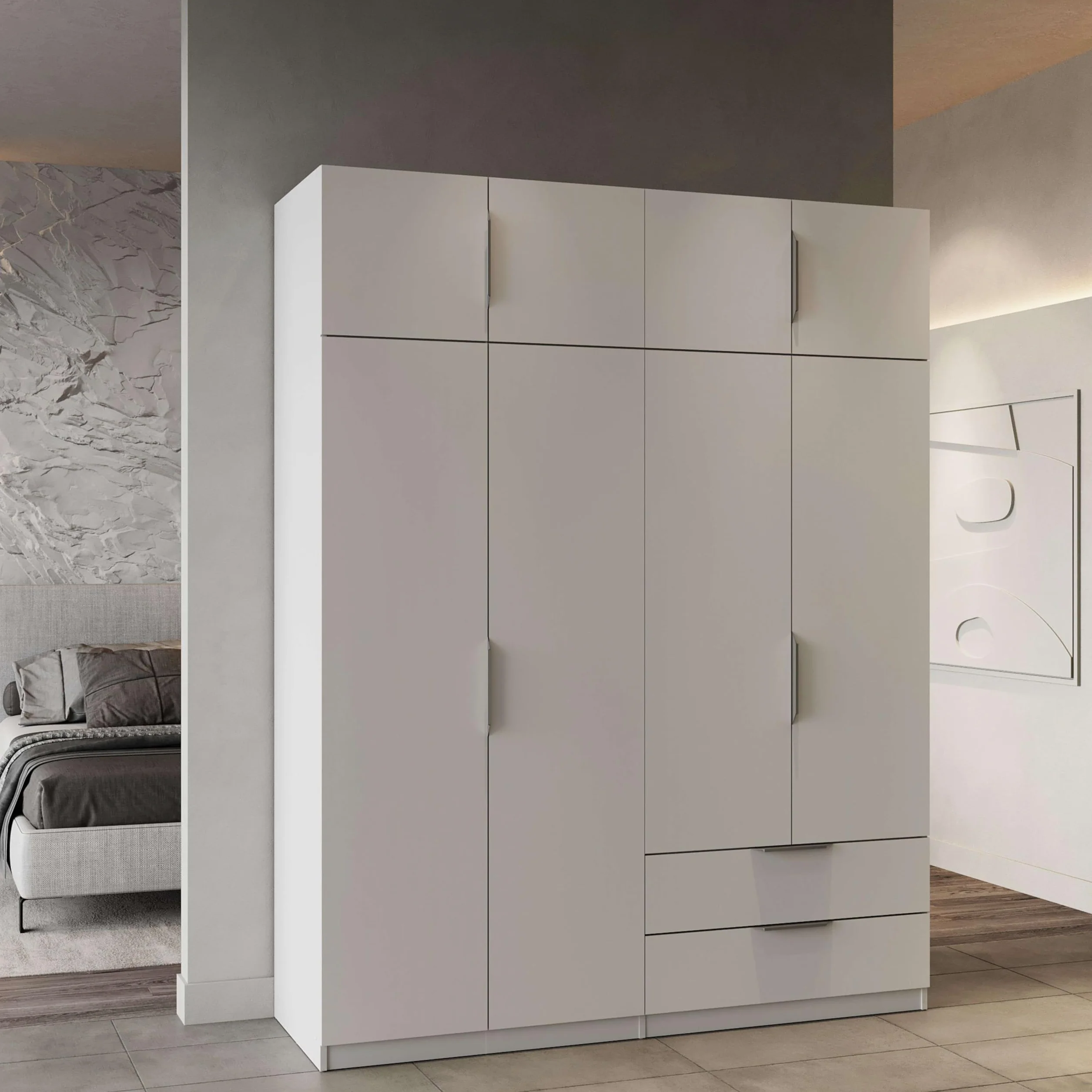 Miroytengo Armario Ghost Grande, Vestidor con Diferentes Compartimentos, 8 Puertas y 2 Cajones, Blanco Mate o Roble Kronberg o en Blanco y Roble 203x158x51 cm