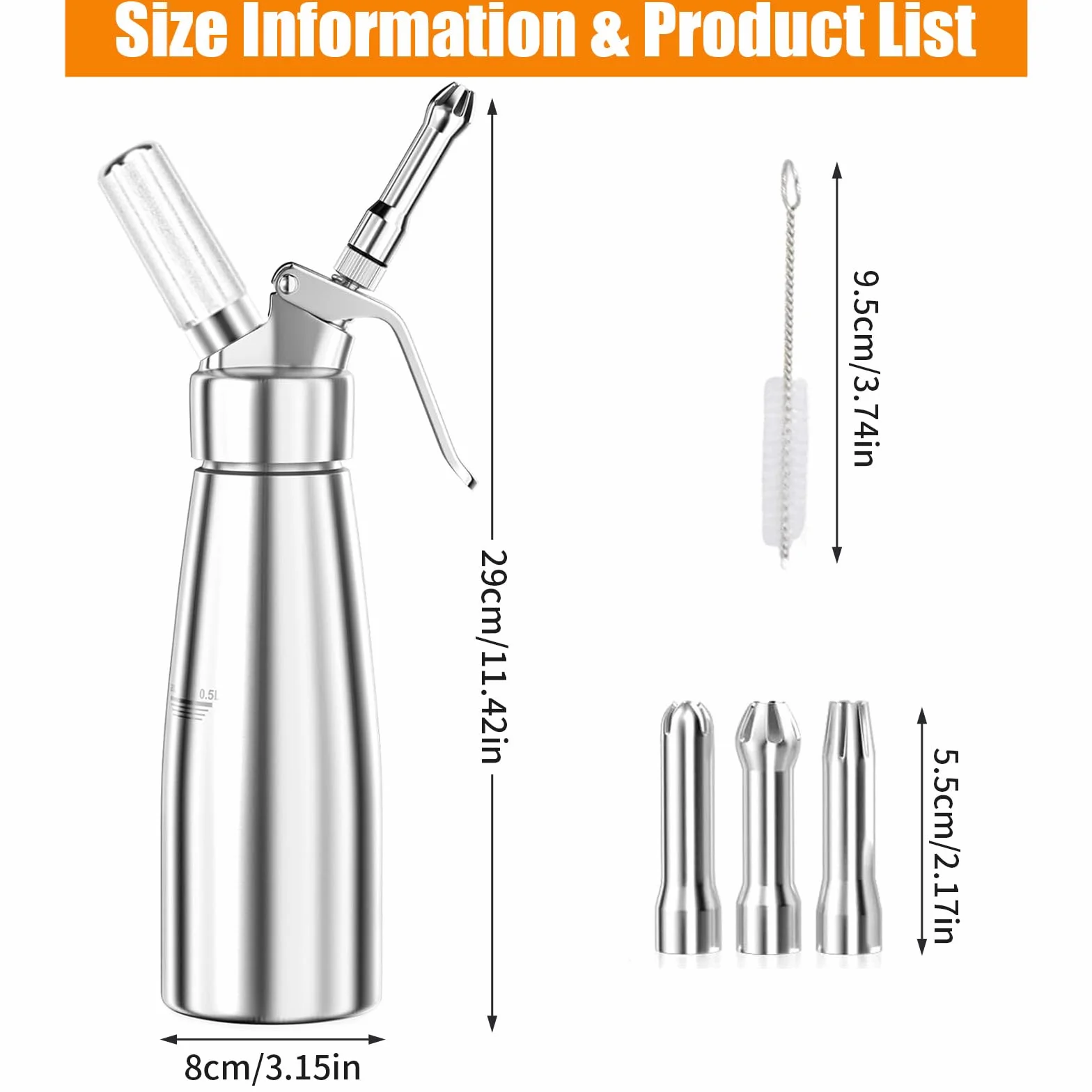 Sifón para Nata Montada Profesional 500ml, 3 Boquillas Acero Inoxidable y Cepillo de Limpieza, Cilindro Recargable para Repostería, Postres, Mousses