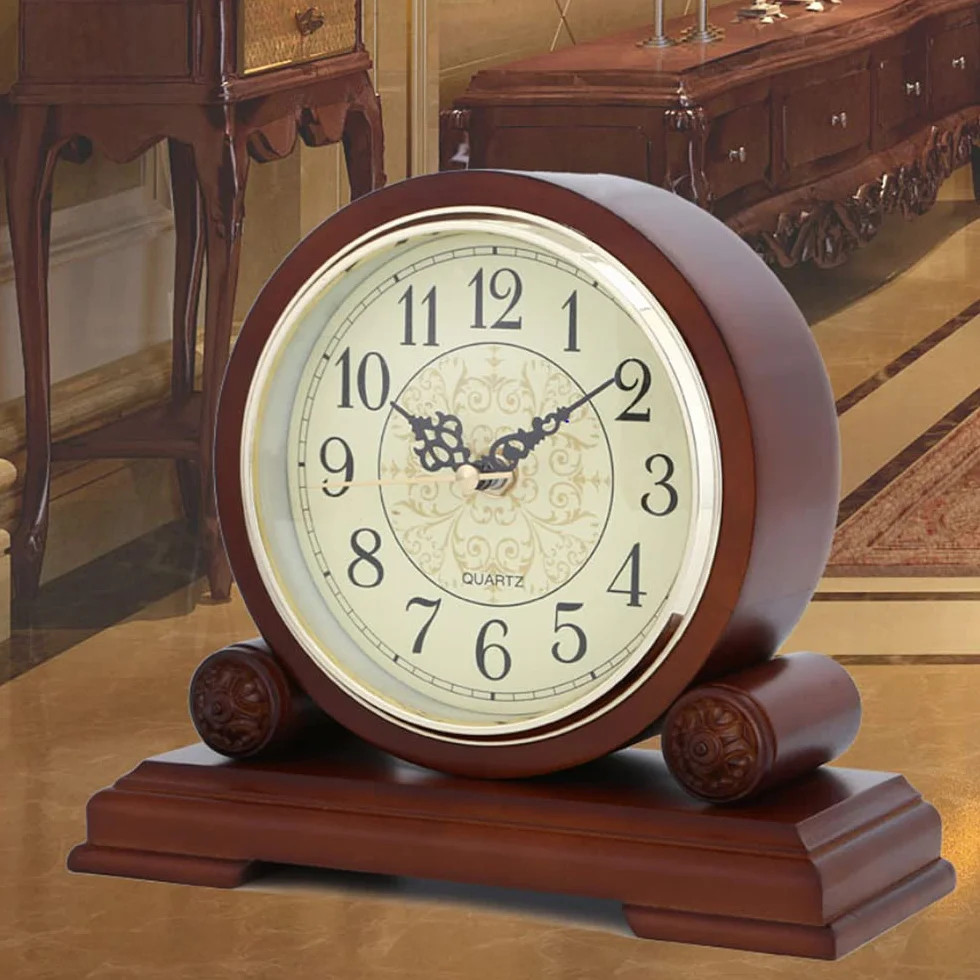 Reloj, Reloj de Mesa de Madera Maciza Hecho a Mano, Reloj de Escritorio, Sala de Estar, Oficina, Estudio, Movimiento silencioso de escaneo con Esfera y números de Bronce,