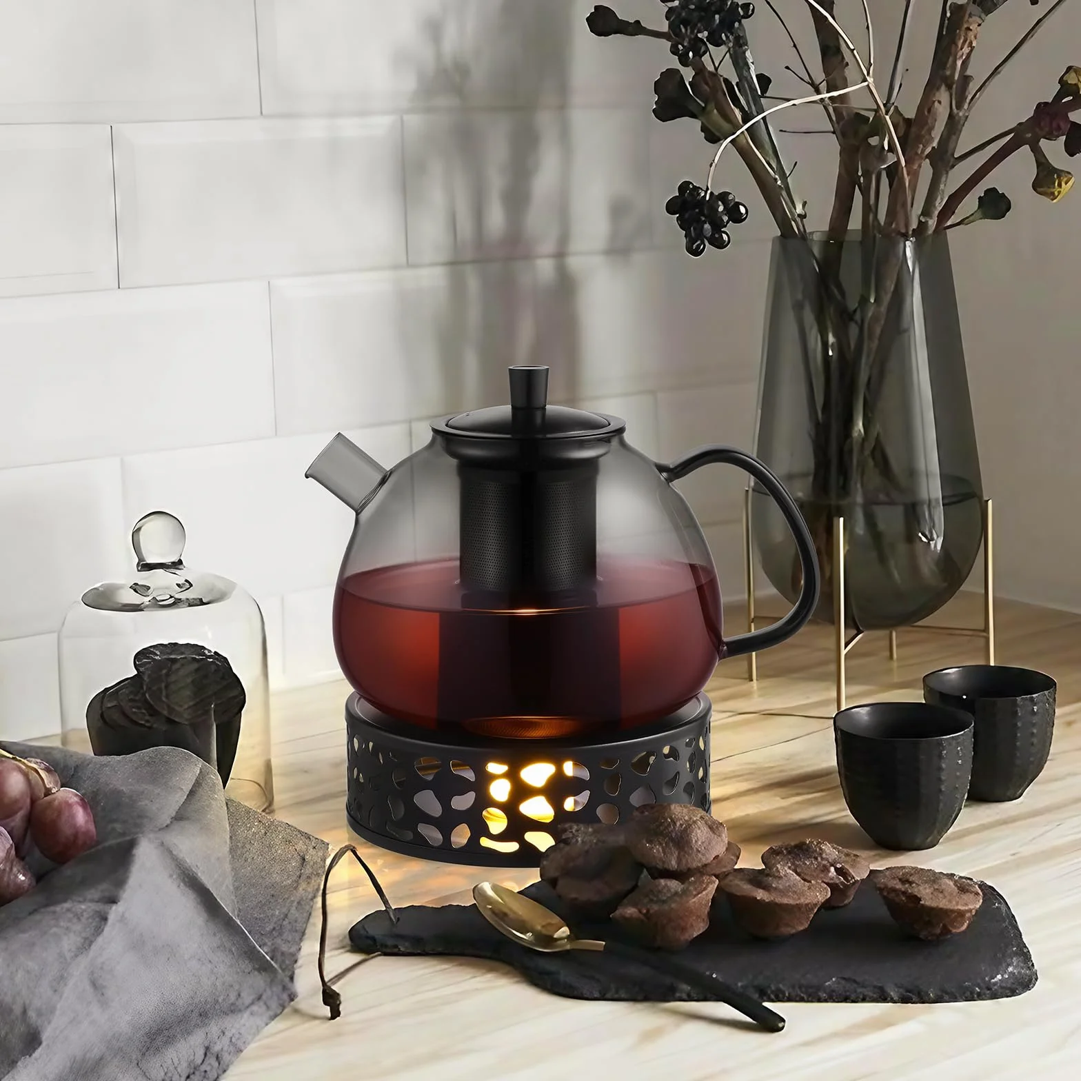 ecooe Tetera negra de 1500 ml de cristal de borosilicato con colador de acero inoxidable 18/8 extraíble resistente al calor para té negro, té verde, té de frutas, té perfumado
