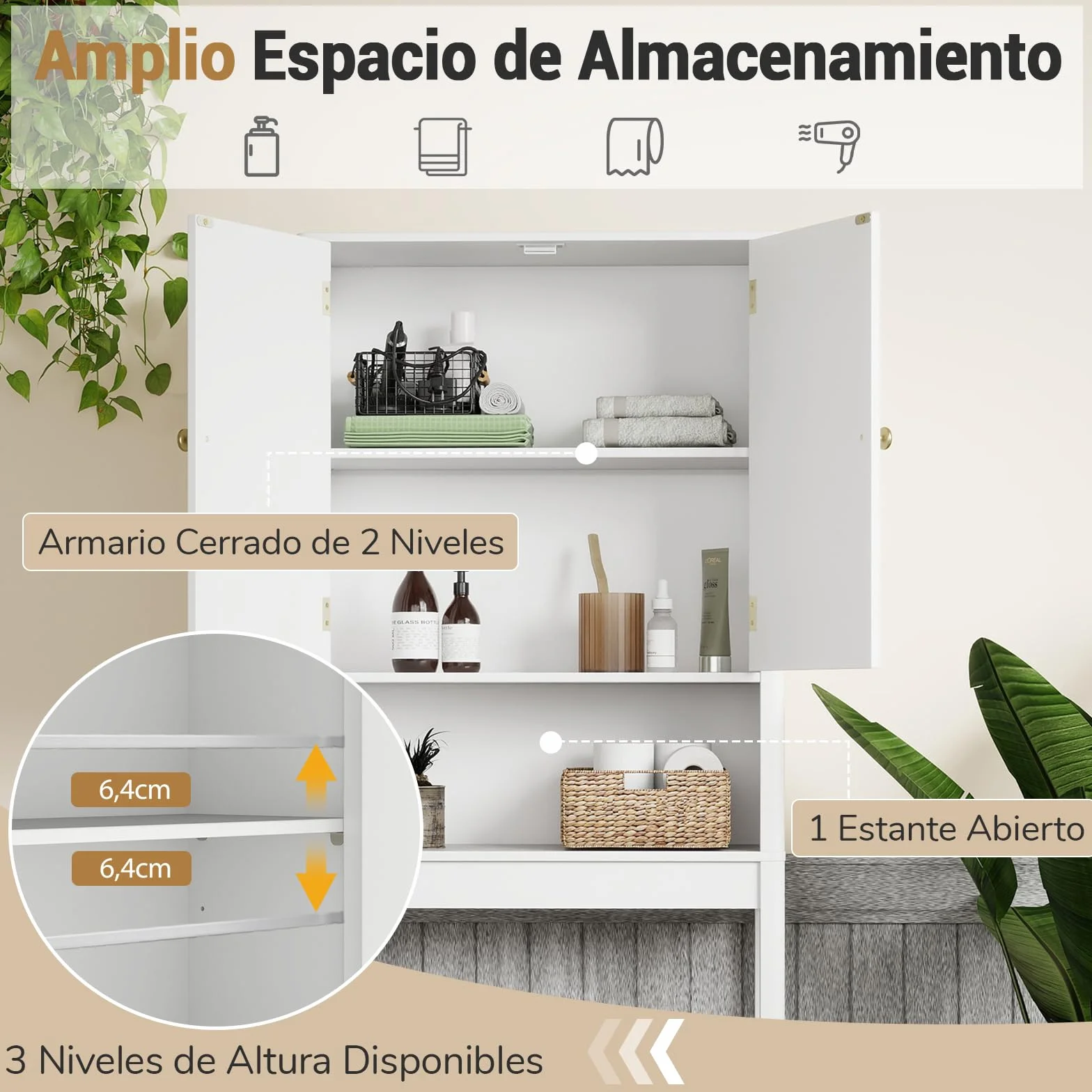 GIANTEX Mueble Organizador sobre Inodoro, Armario de Pie con 2 Puertas y 1 Compartimento Abierto, Estante Inferior Ajustable, 60 x 23 x 168 cm, Estantería Alta para Baño, Lavadero (Blanco)