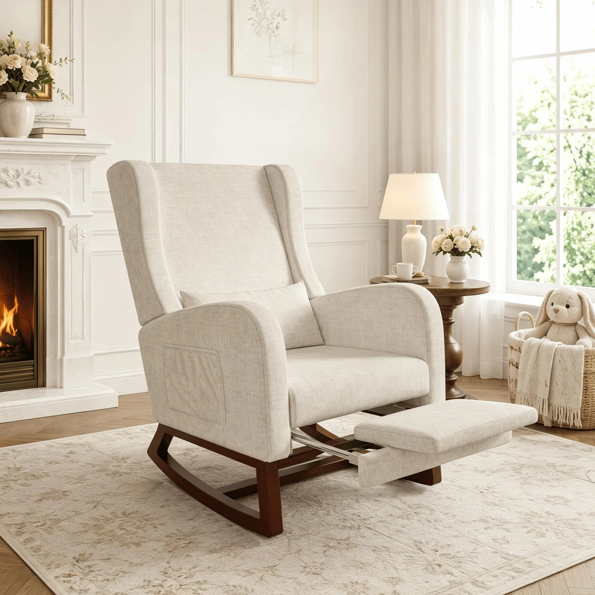 Sillón Mecedora con Reposapiés Extensible y Cojín, Butaca Mecedora Tapizada en Tejido de Terciopelo Suave con Bolsillos Laterales, Silla Relax con Patas de Madera para Salón y Dormitorio, Beige