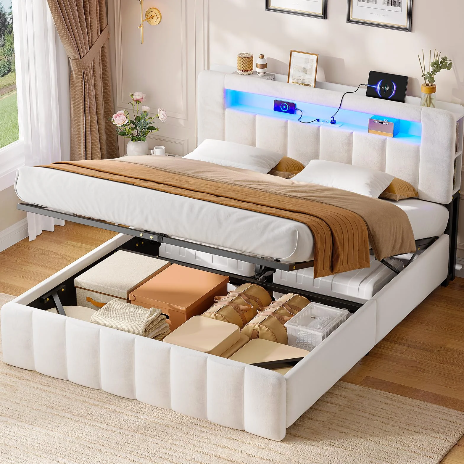 AOGLLATI Cama Matrimonial 140x190 con Almacenamiento Hidráulico Cama Juvenil con Cabecero Cama Multifuncional Cama Canape 140x190 con LED y Carga Integrada Estantería Lateral Cama Terciopelo Beige