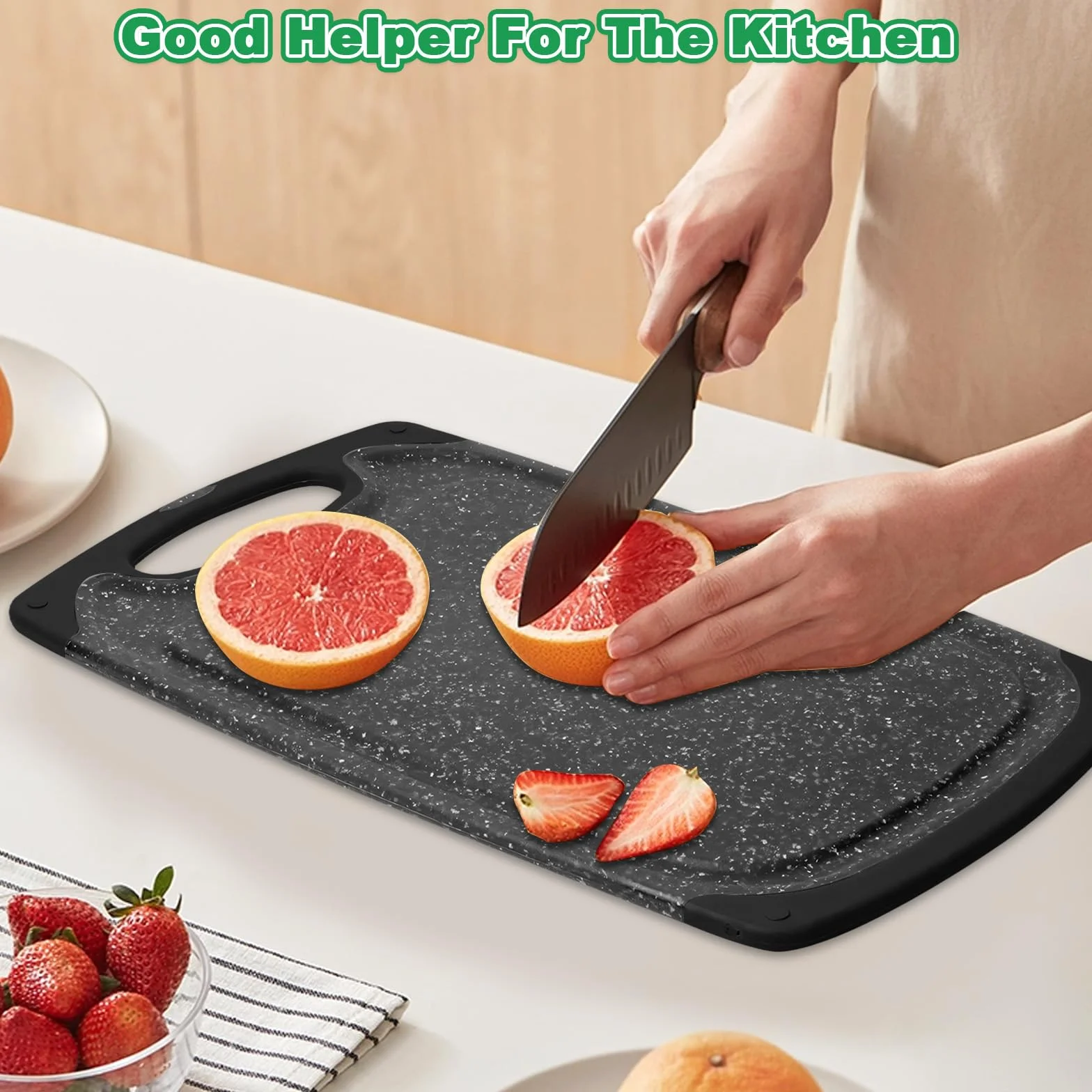 Tabla Cortar con Ranura Jugos Plástico Antideslizante 3 Piezas Accesorio Cocina para Verduras Carne Frutas Negro